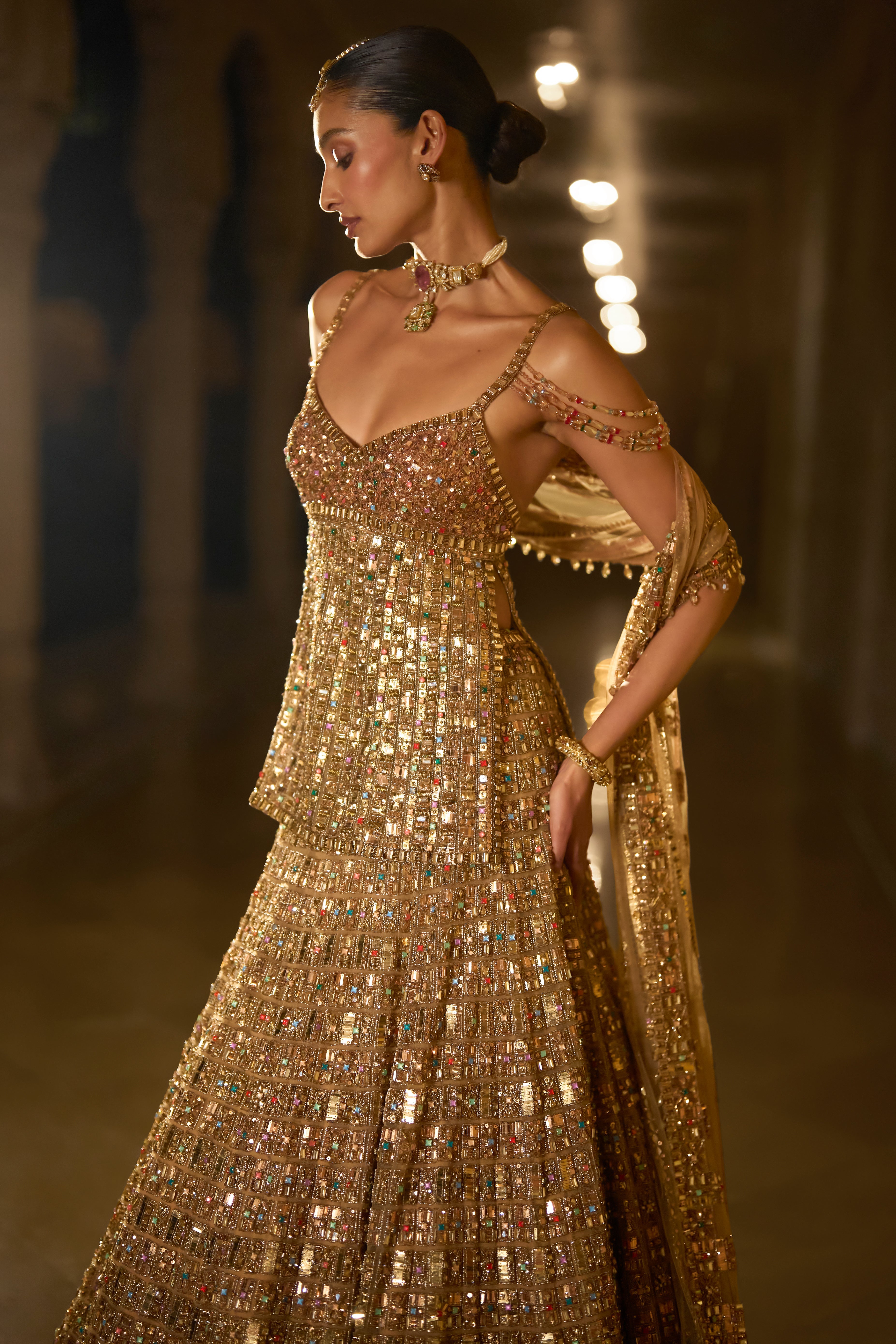Antique Gold Multi-Coloured Stone Lehenga Set