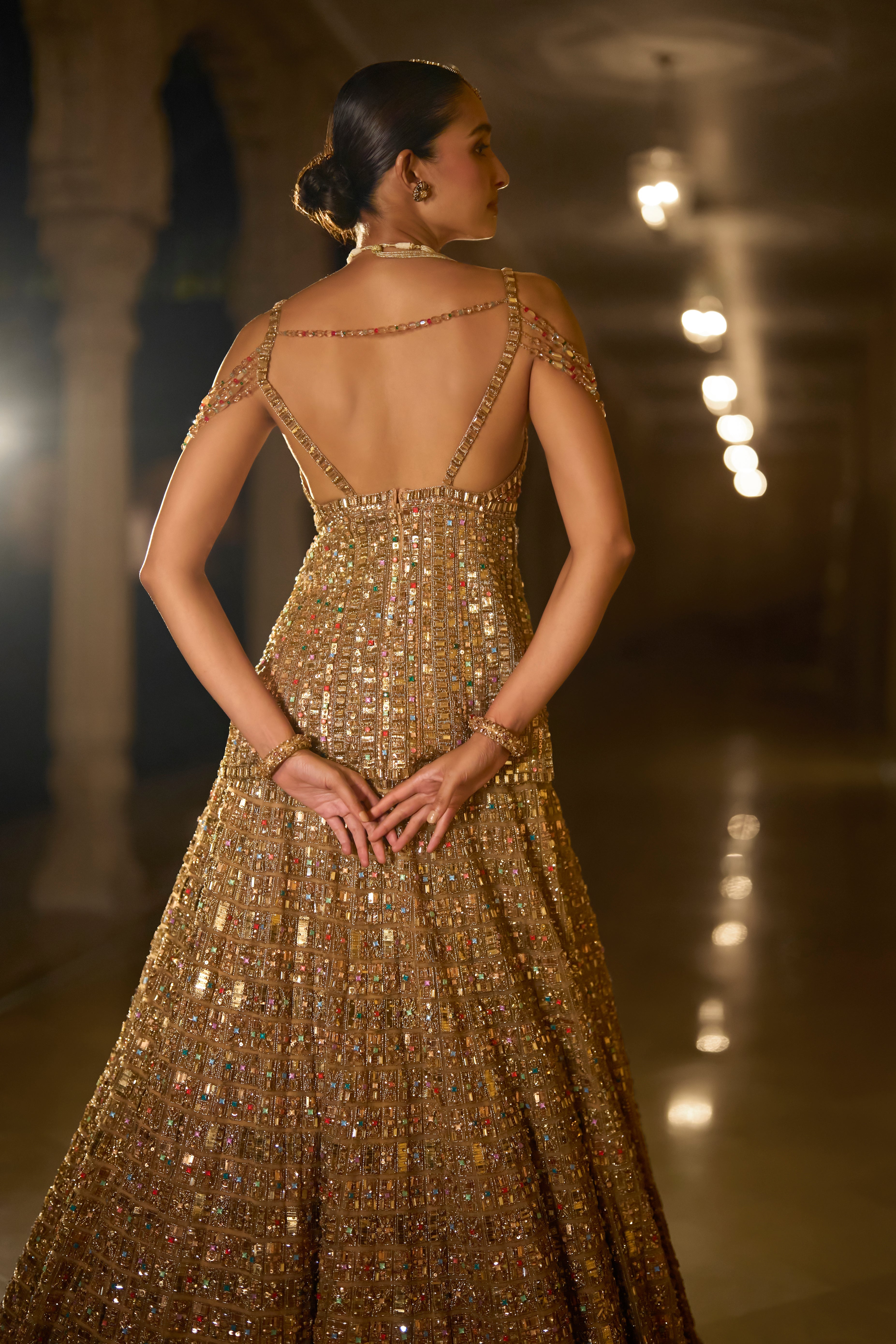 Antique Gold Multi-Coloured Stone Lehenga Set