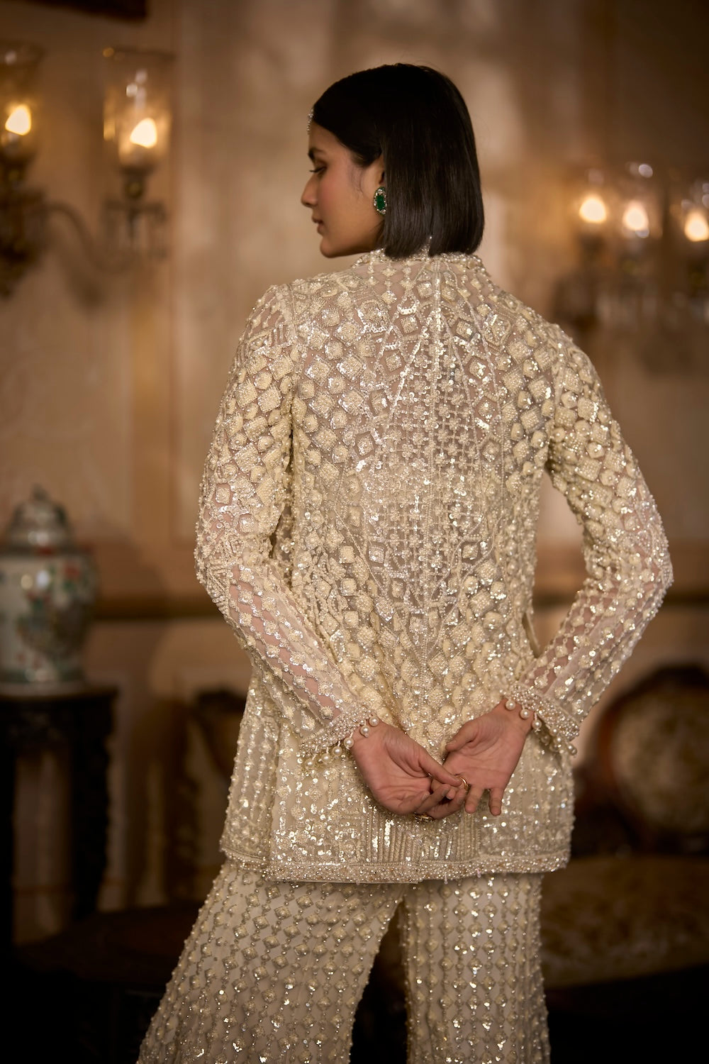 Cream Open Jacket Sharara - Pant Set