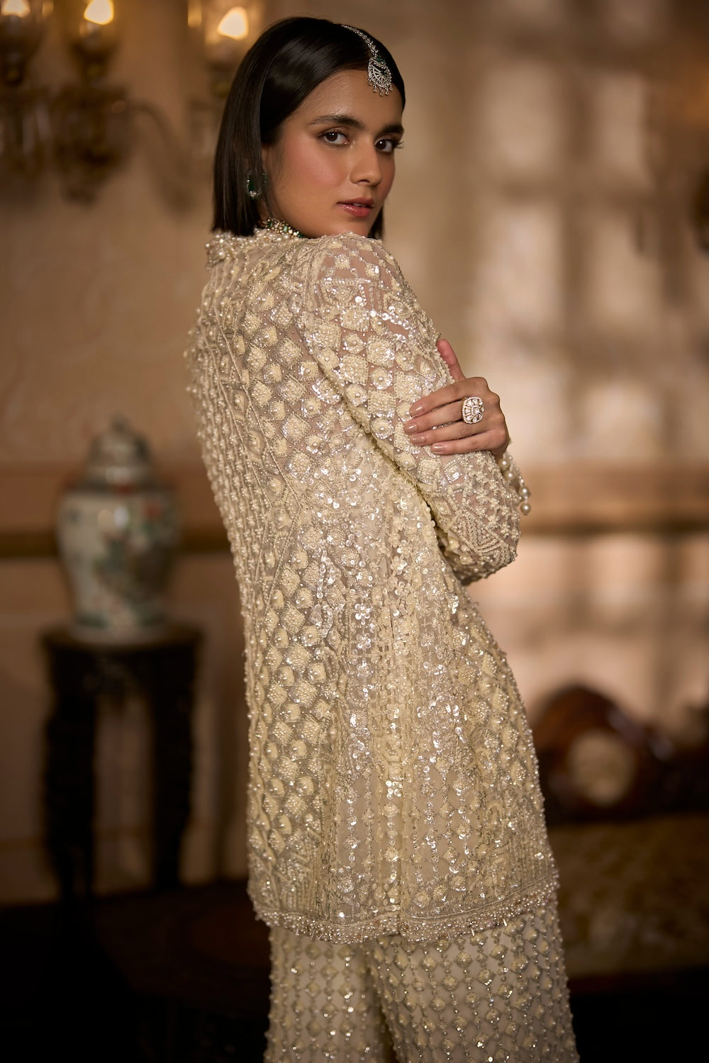 Cream Open Jacket Sharara - Pant Set