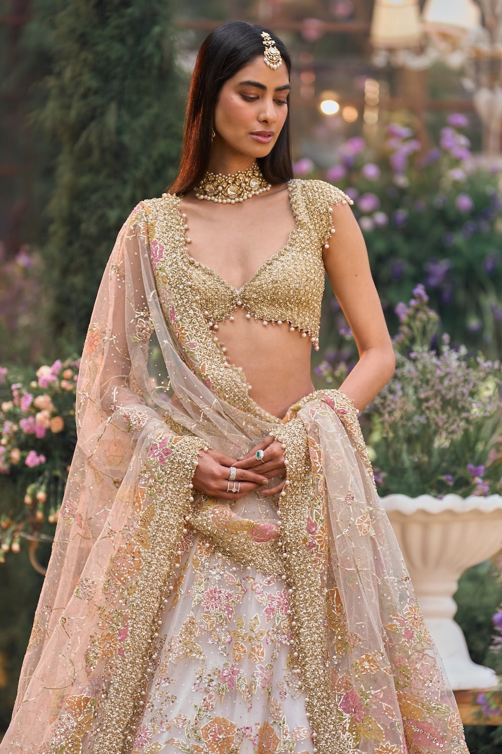 Cream Gold Floral Lehenga Set