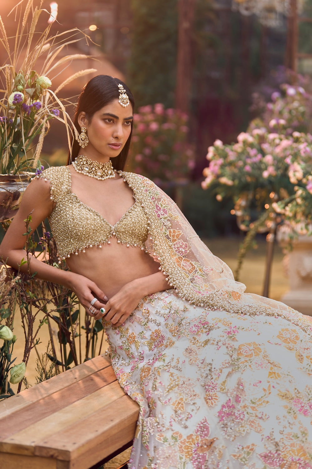 Cream Gold Floral Lehenga Set