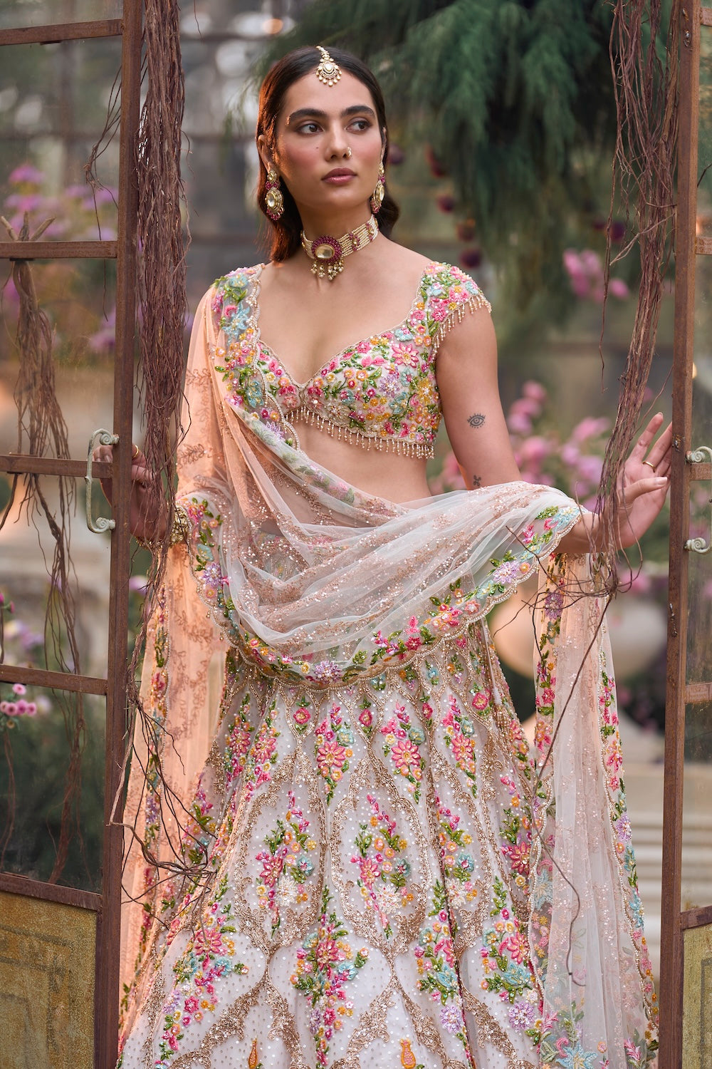 Cream Multi-Coloured Floral Lehenga Set
