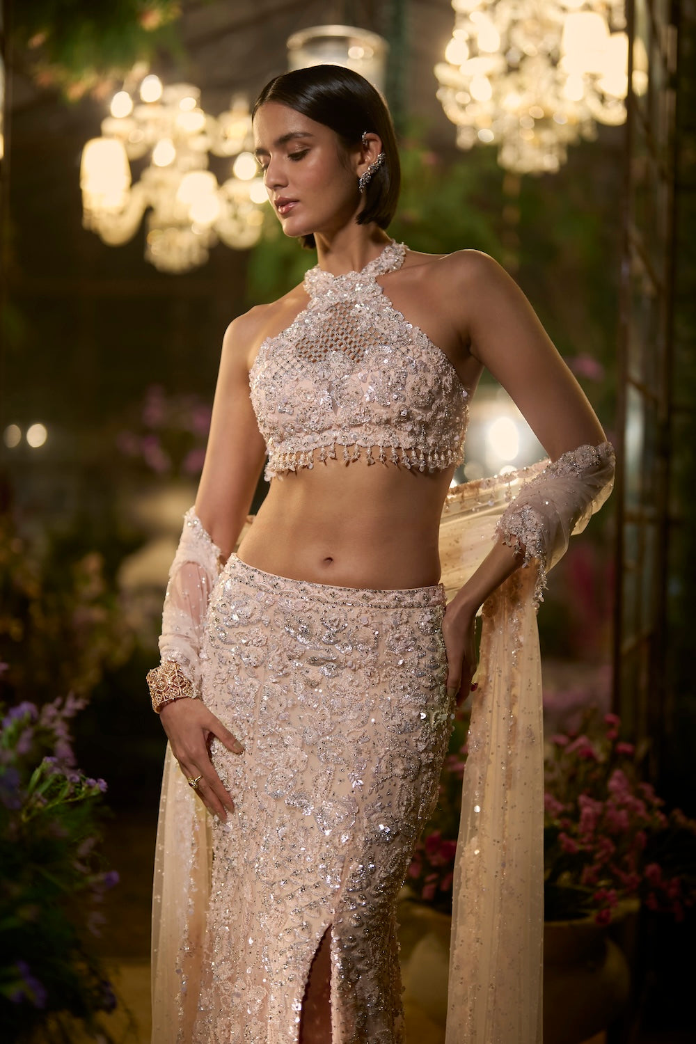 Powder Peach Slit Skirt Set