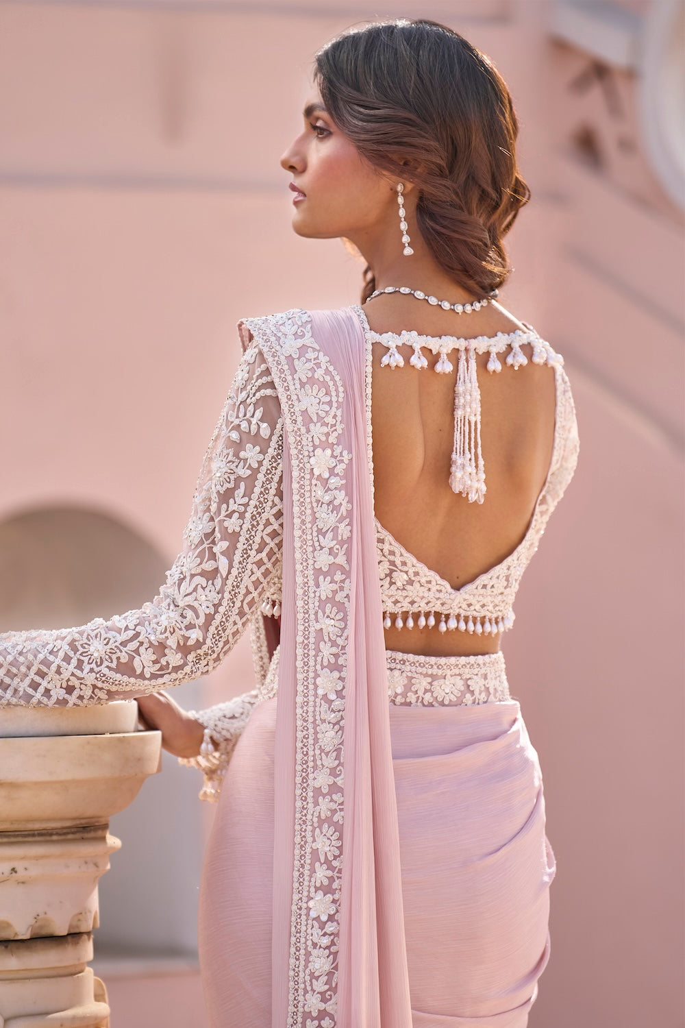 Powder Pink Draped Dori Saree