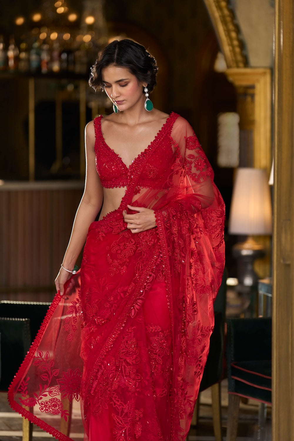 Raveena Thadani In Red Dori Saree