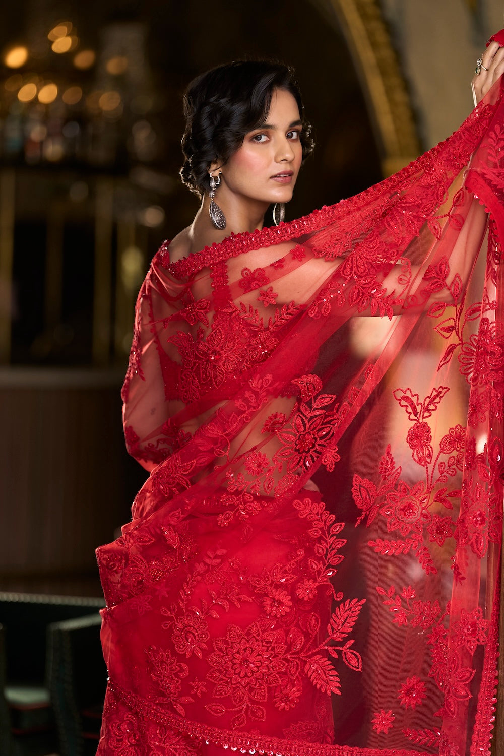 Raveena Thadani In Red Dori Saree