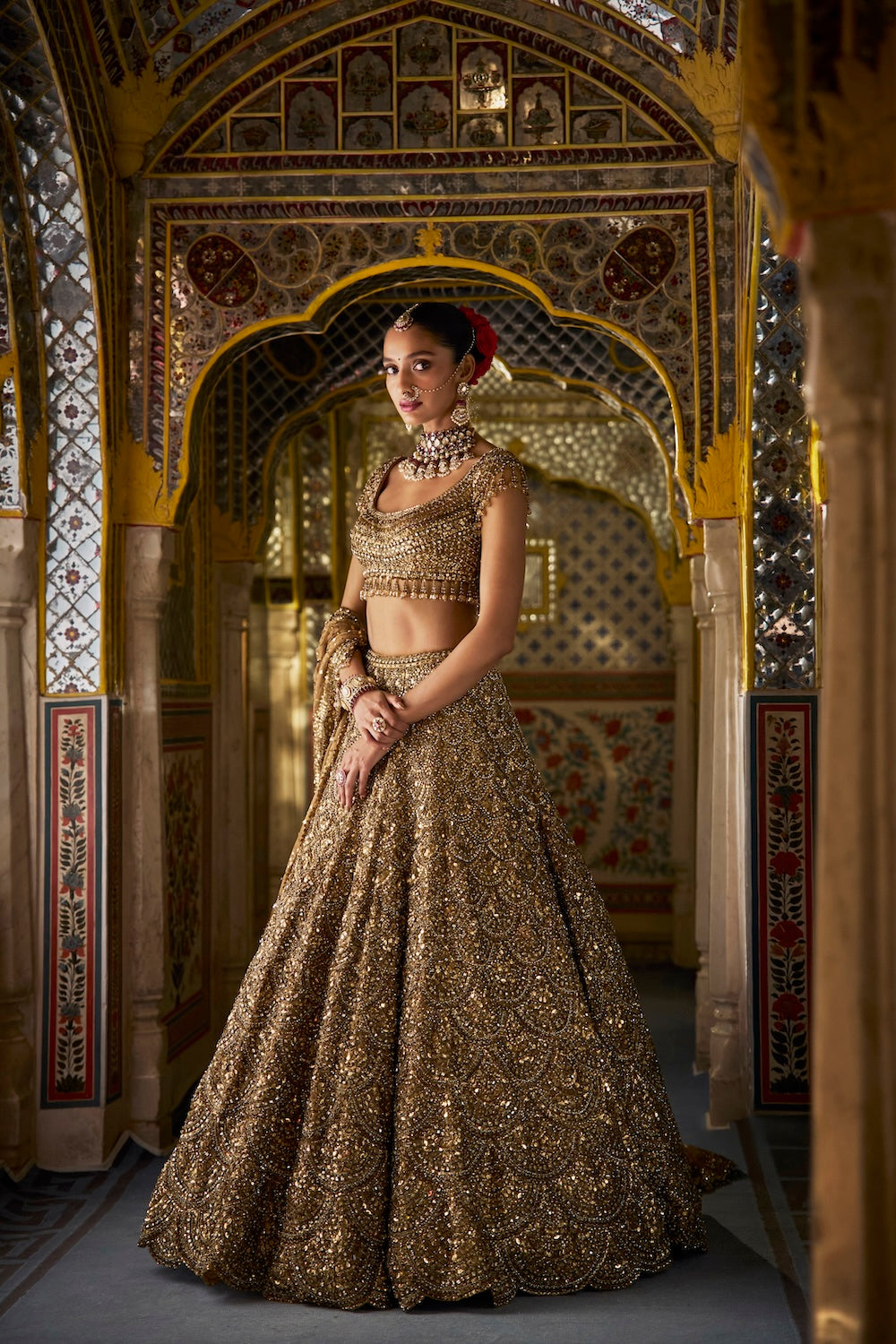 Shobhita Dhulipala In Antique Gold Scalloped Lehenga Set