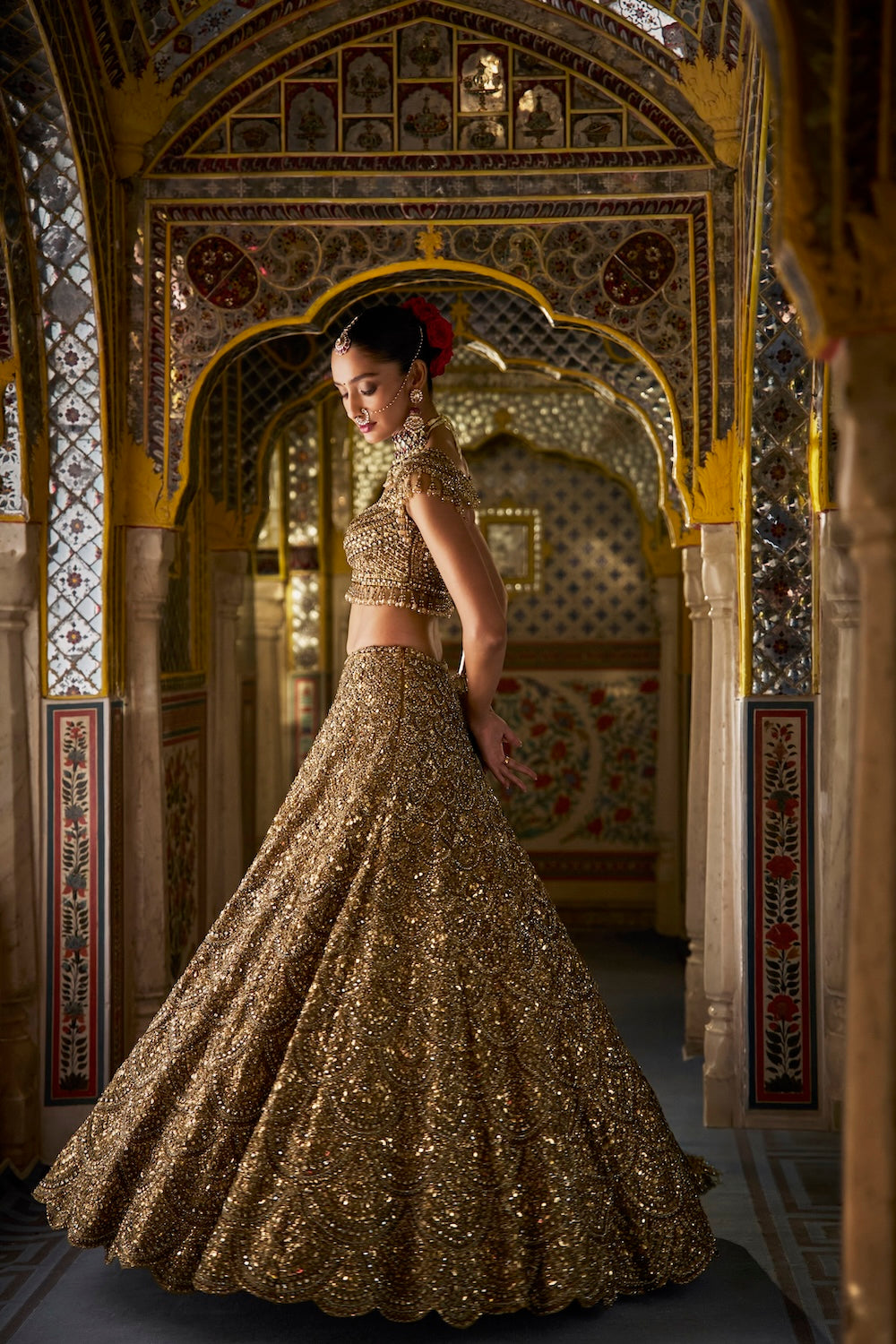 Shobhita Dhulipala In Antique Gold Scalloped Lehenga Set