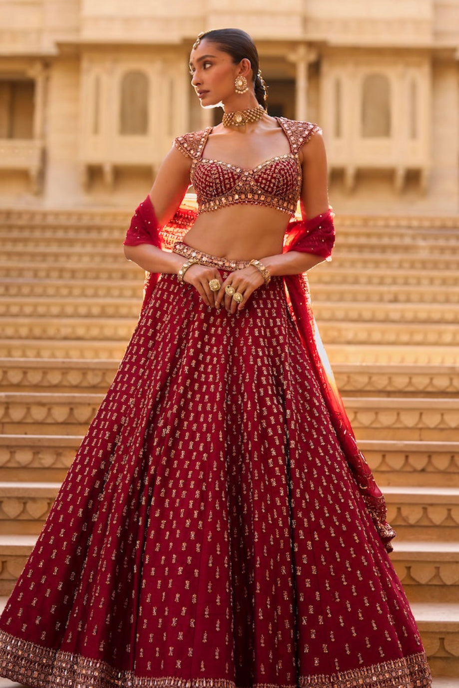 Dark Red Gold Zardosi Lehenga Set