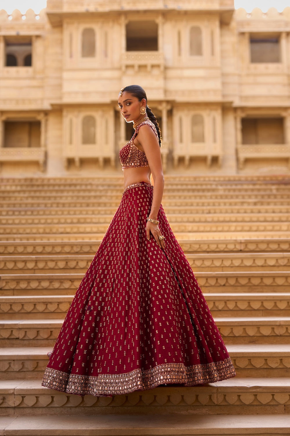 Dark Red Gold Zardosi Lehenga Set
