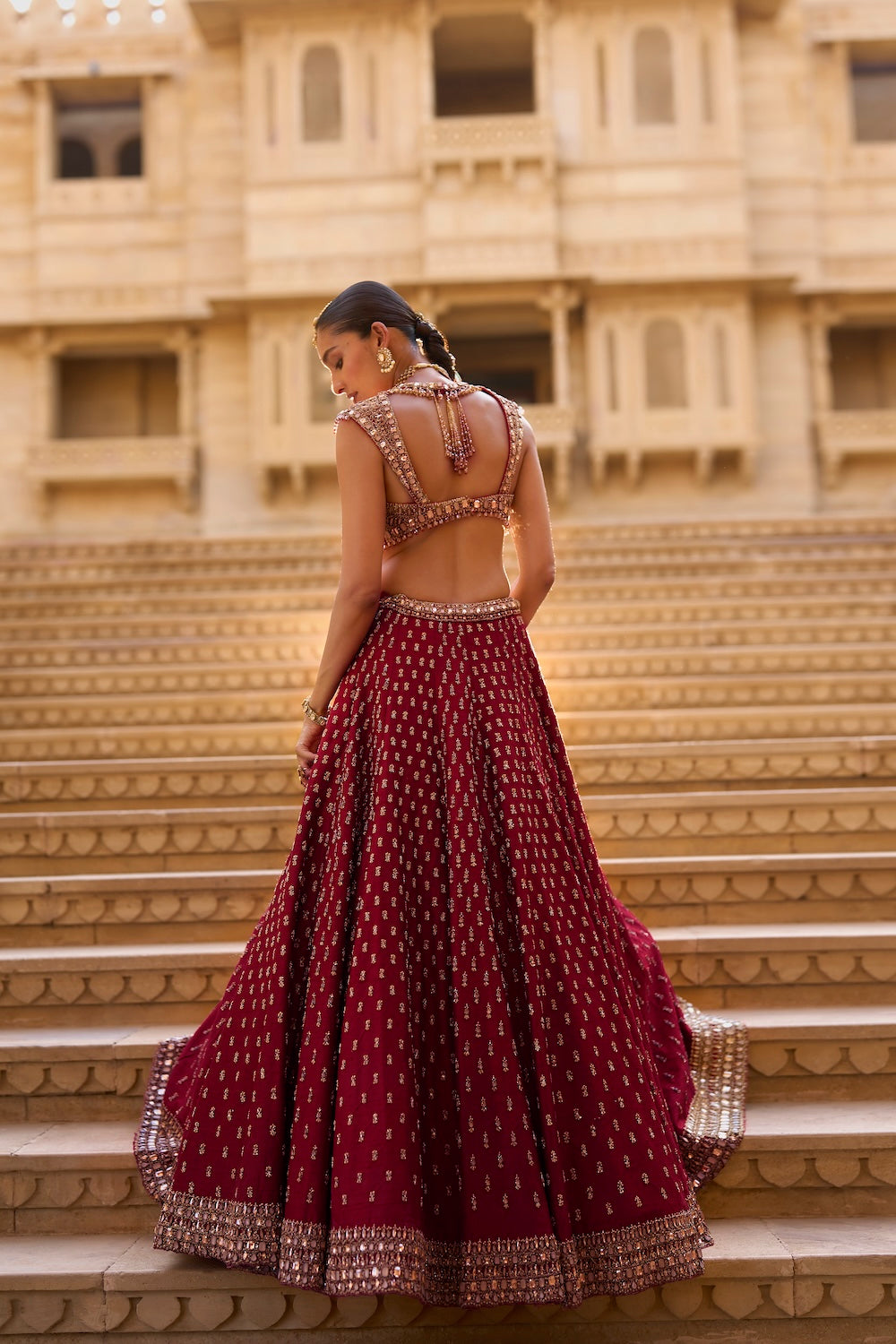 Dark Red Gold Zardosi Lehenga Set