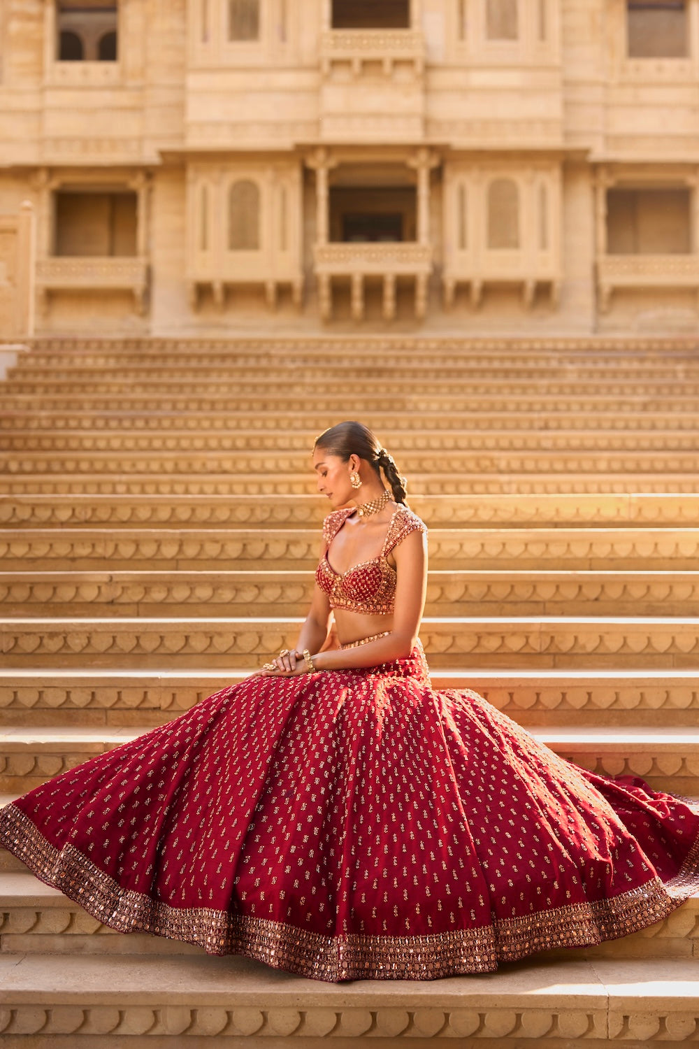Dark Red Gold Zardosi Lehenga Set