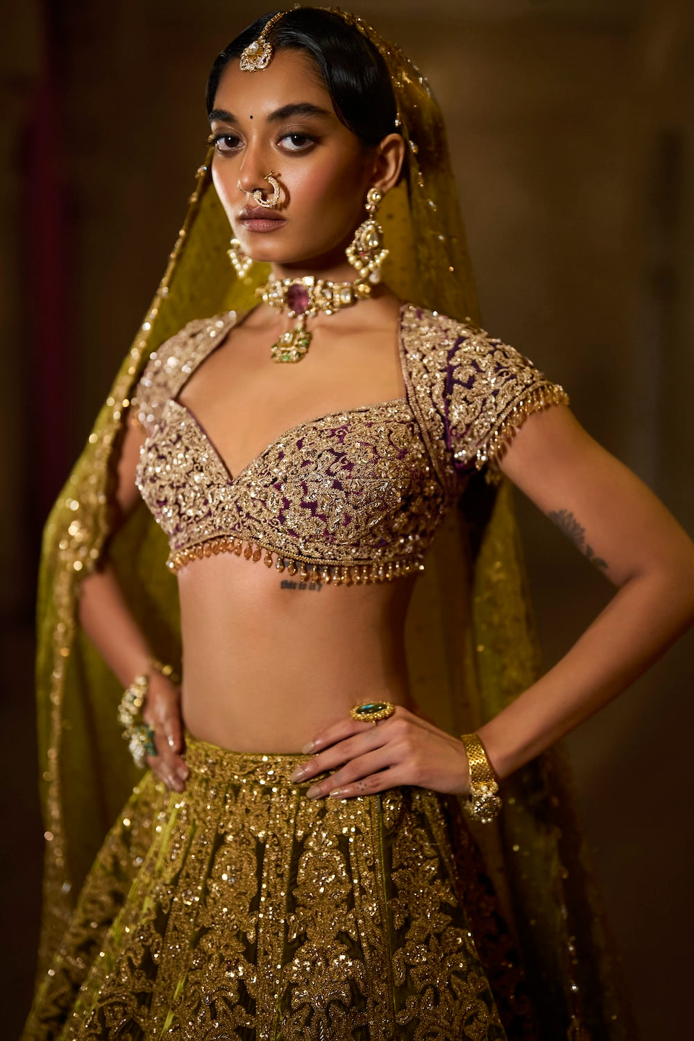 Green Velvet Zardosi Lehenga Set