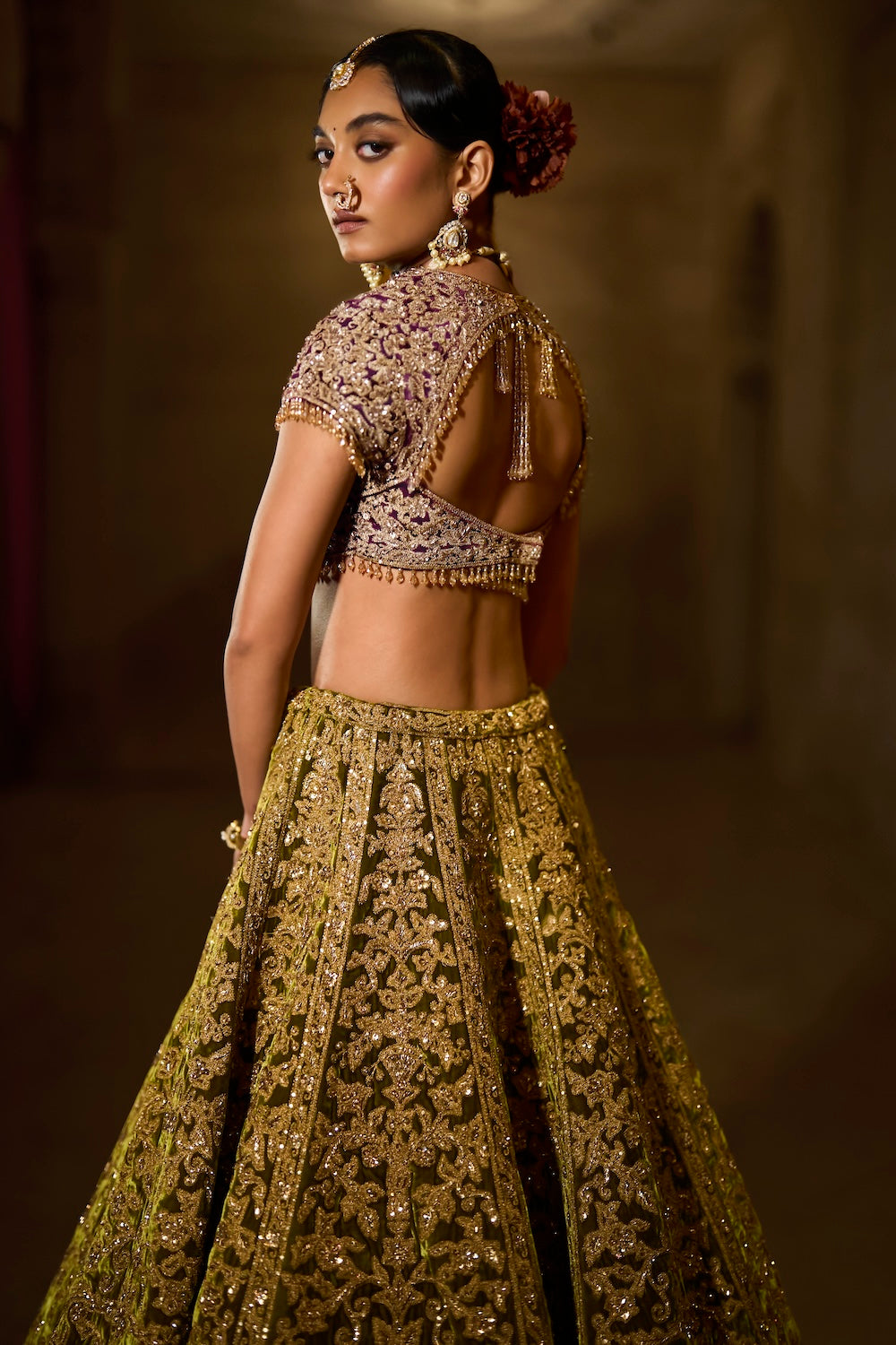 Green Velvet Zardosi Lehenga Set