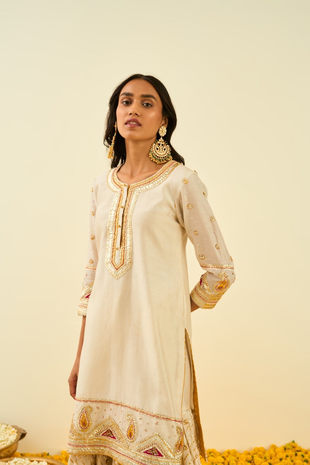 Shraddha Gurung In Shafna Daisy Ivory Short Kurta With Garara And Dupatta