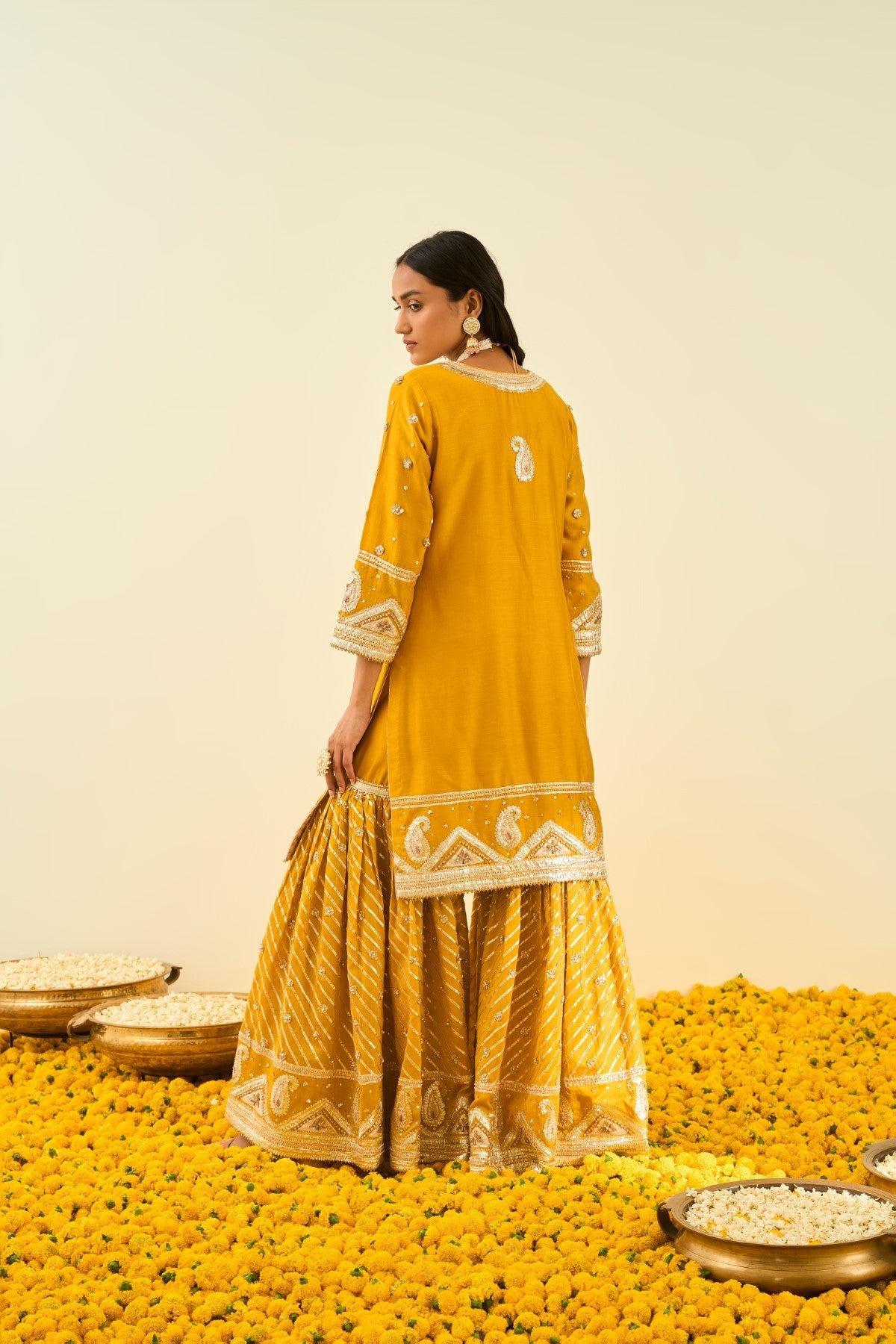 Shafna- Glaze Mustard Short Kurta With Garara And Dupatta