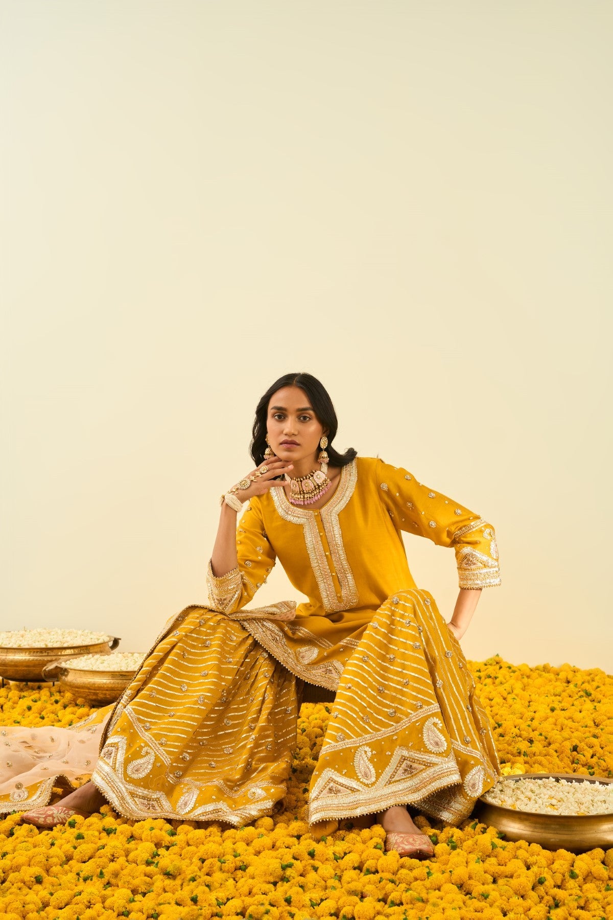 Shafna- Glaze Mustard Short Kurta With Garara And Dupatta