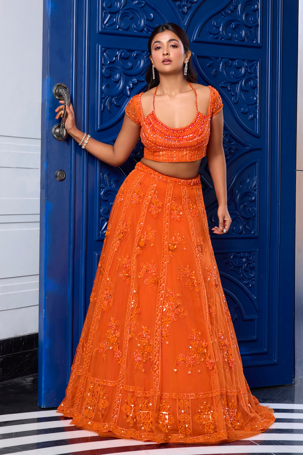 Orange Tonal Embroidered Lehenga Set