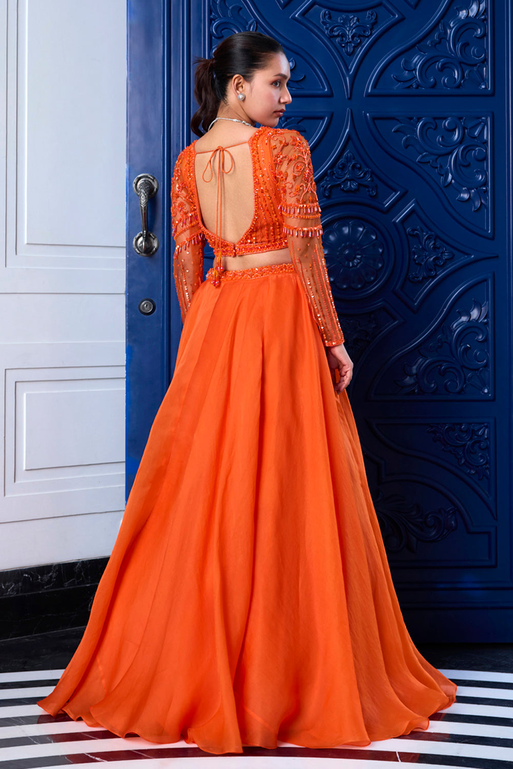 Orange Tonal Blouse And Organza Skirt Set