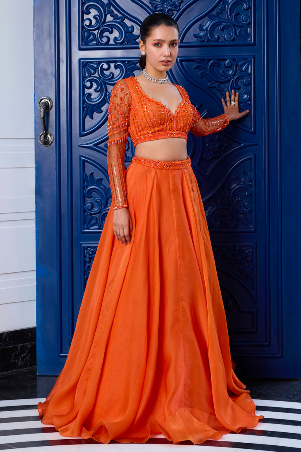 Orange Tonal Blouse And Organza Skirt Set