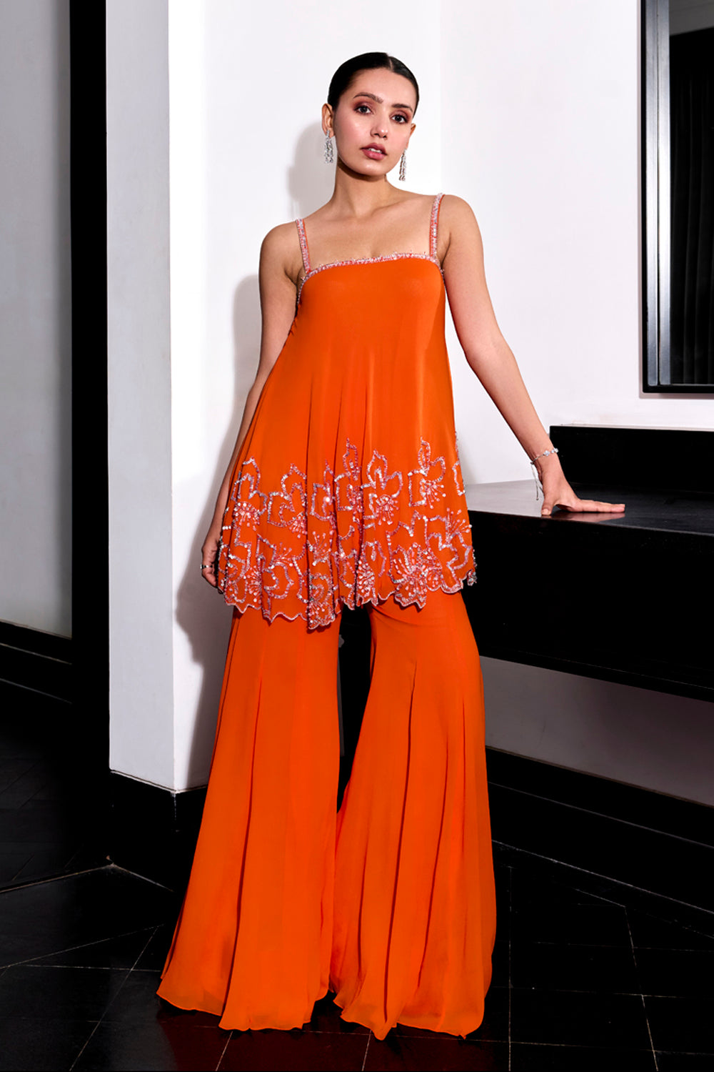 Orange Floral Embroidery Top And Pants Set