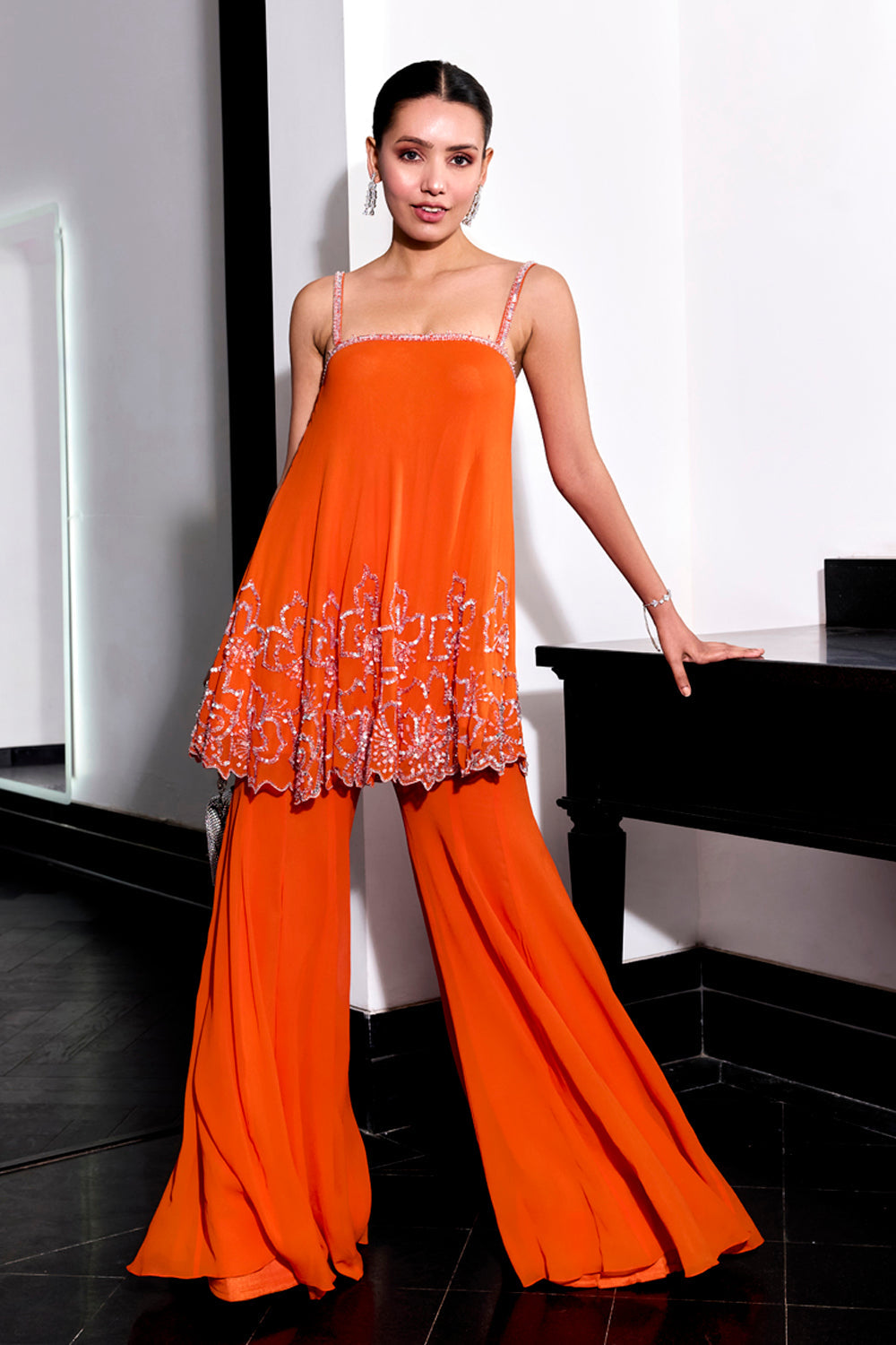 Orange Floral Embroidery Top And Pants Set