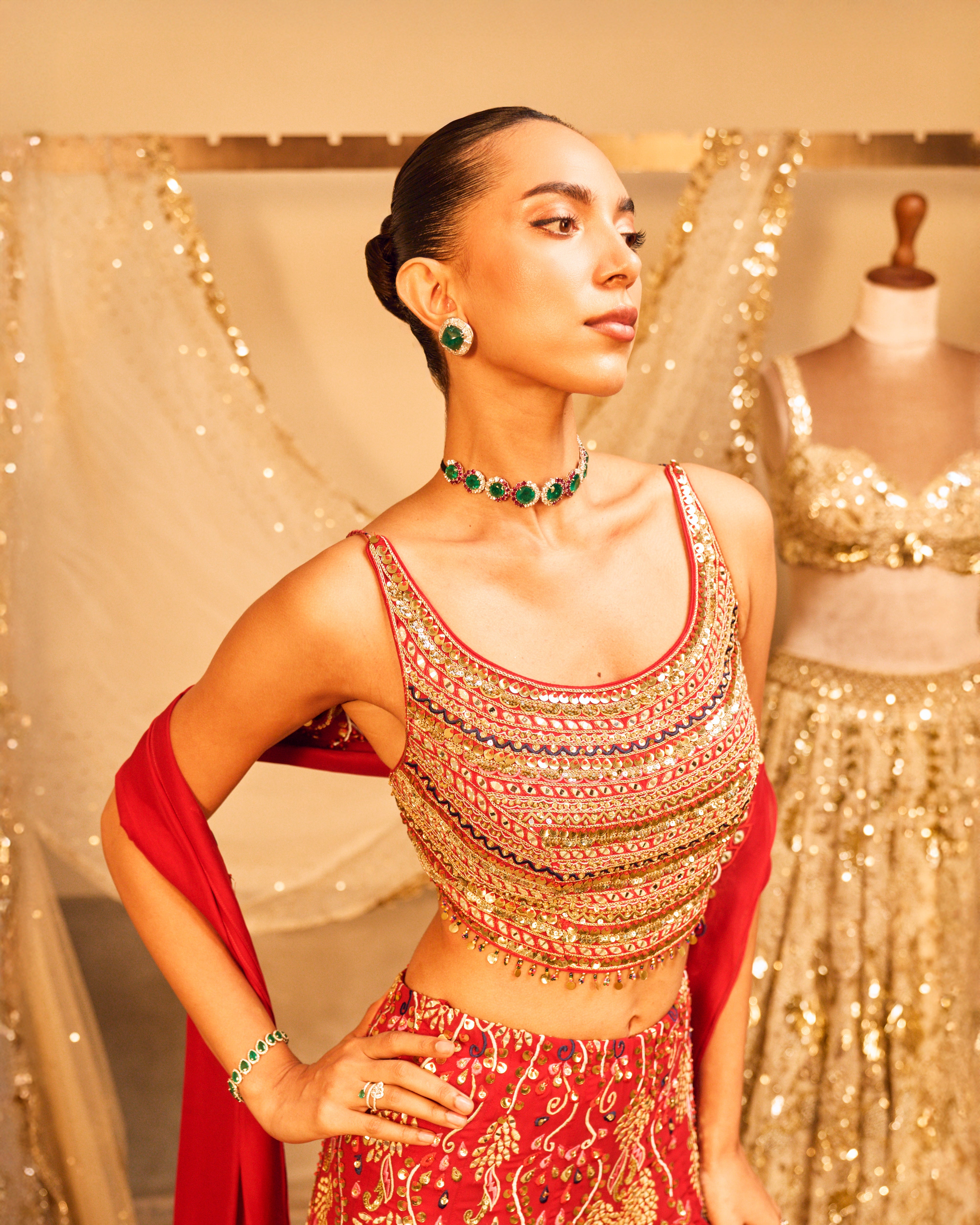 Red High Waist Sharara Set With A Dupatta