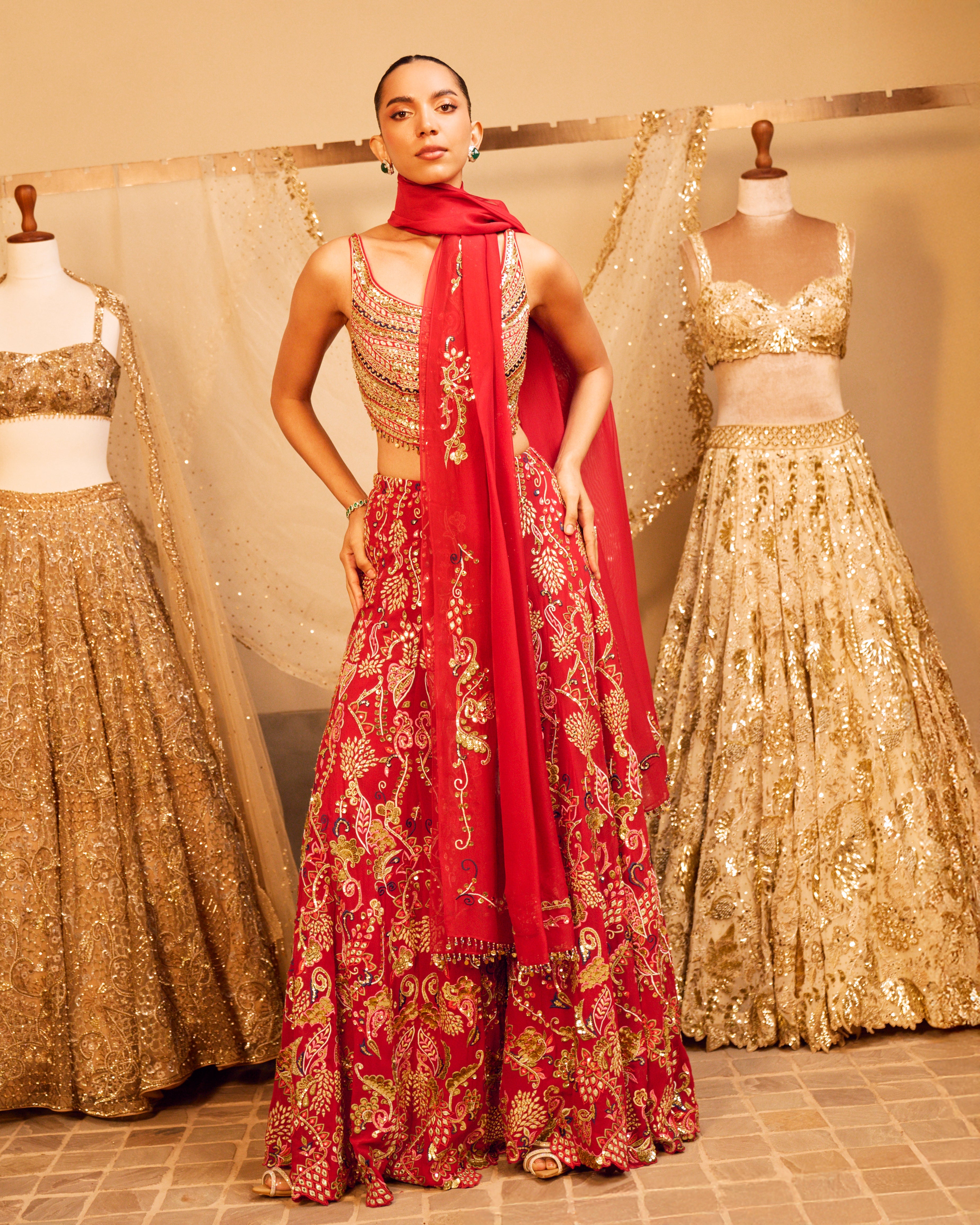 Red High Waist Sharara Set With A Dupatta