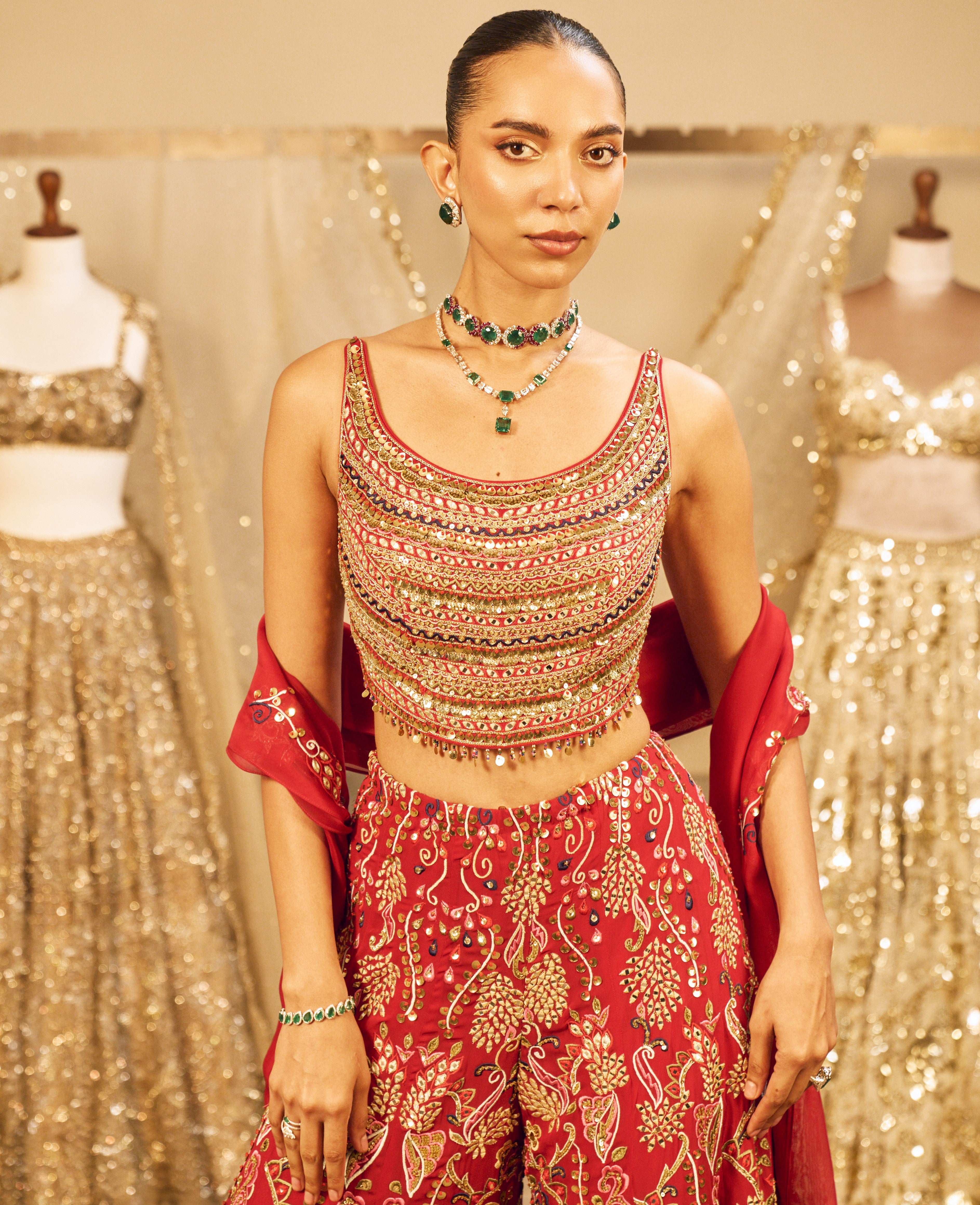 Red High Waist Sharara Set With A Dupatta