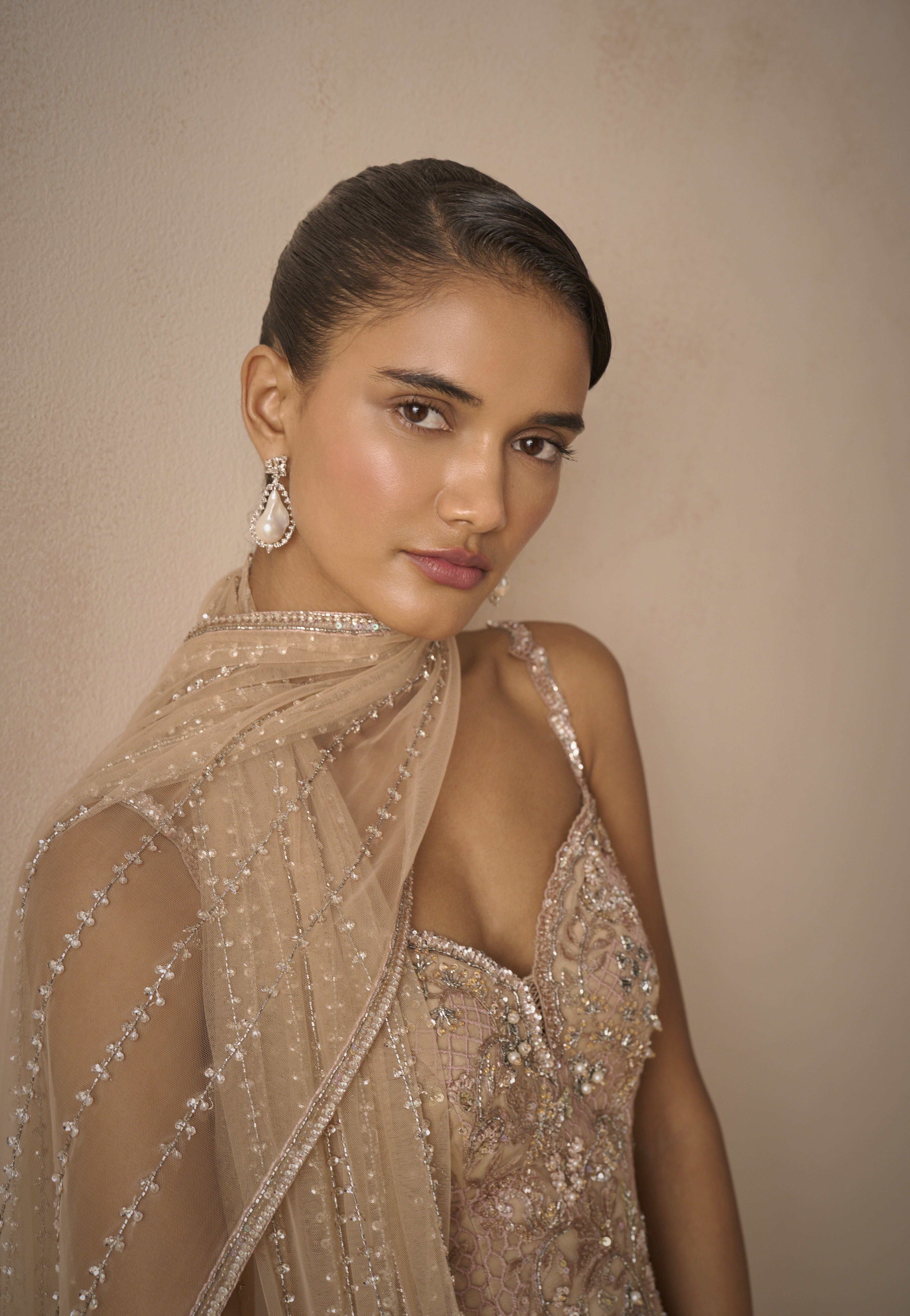 Biscuit Brown Tulle Strappy Gharara Set
