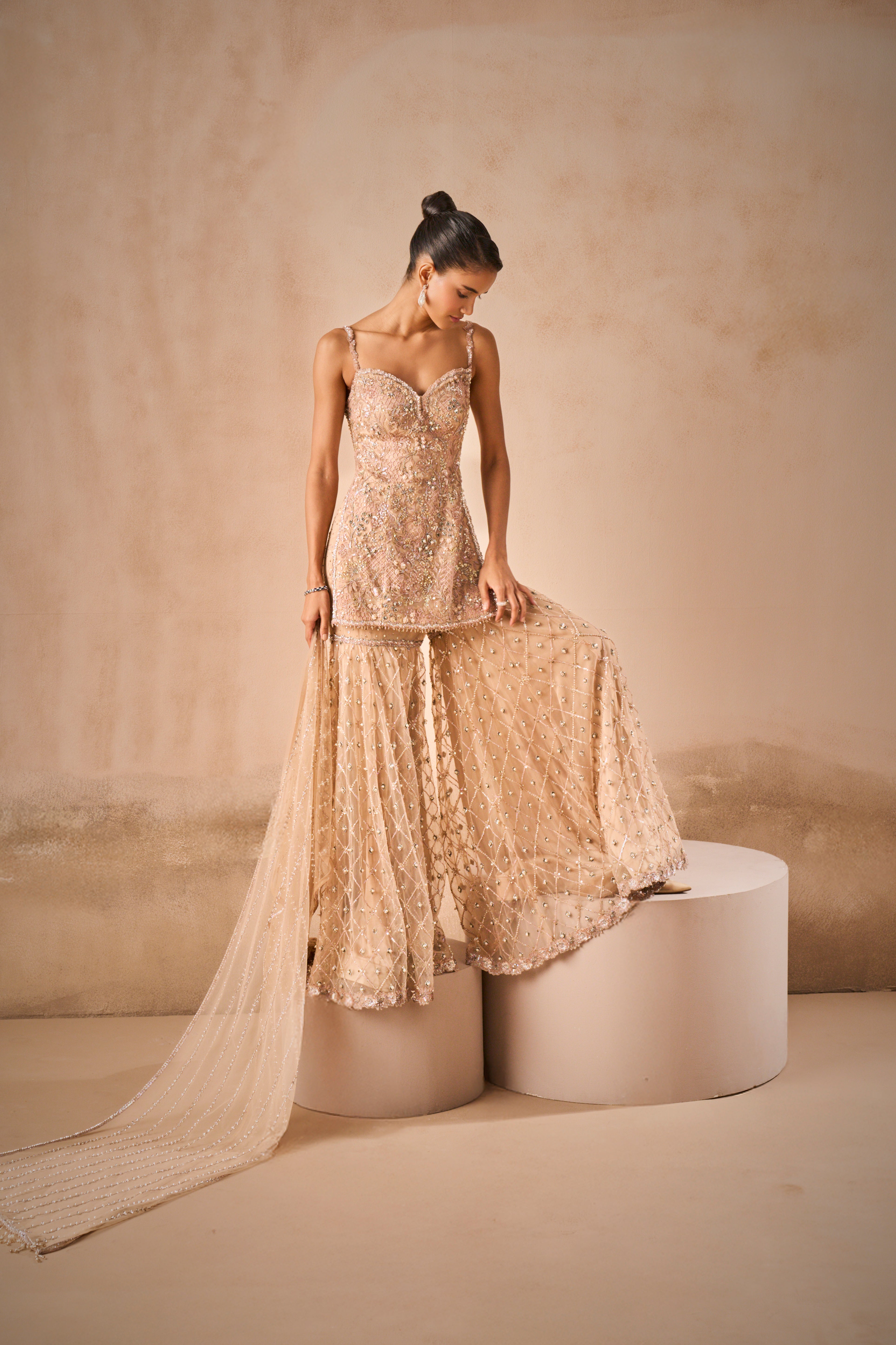 Biscuit Brown Tulle Strappy Gharara Set