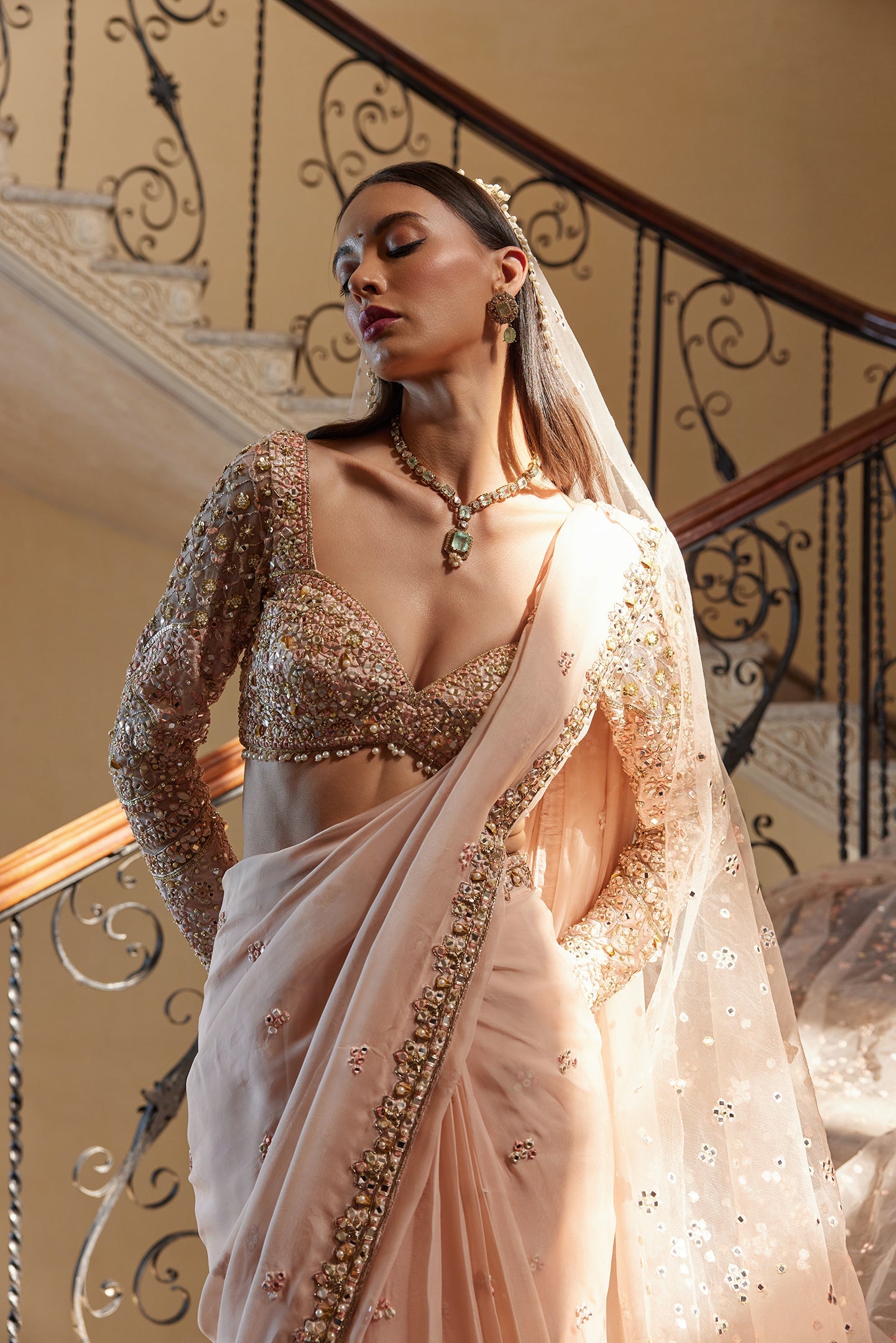 Pre-Drape Peach Organza Saree
