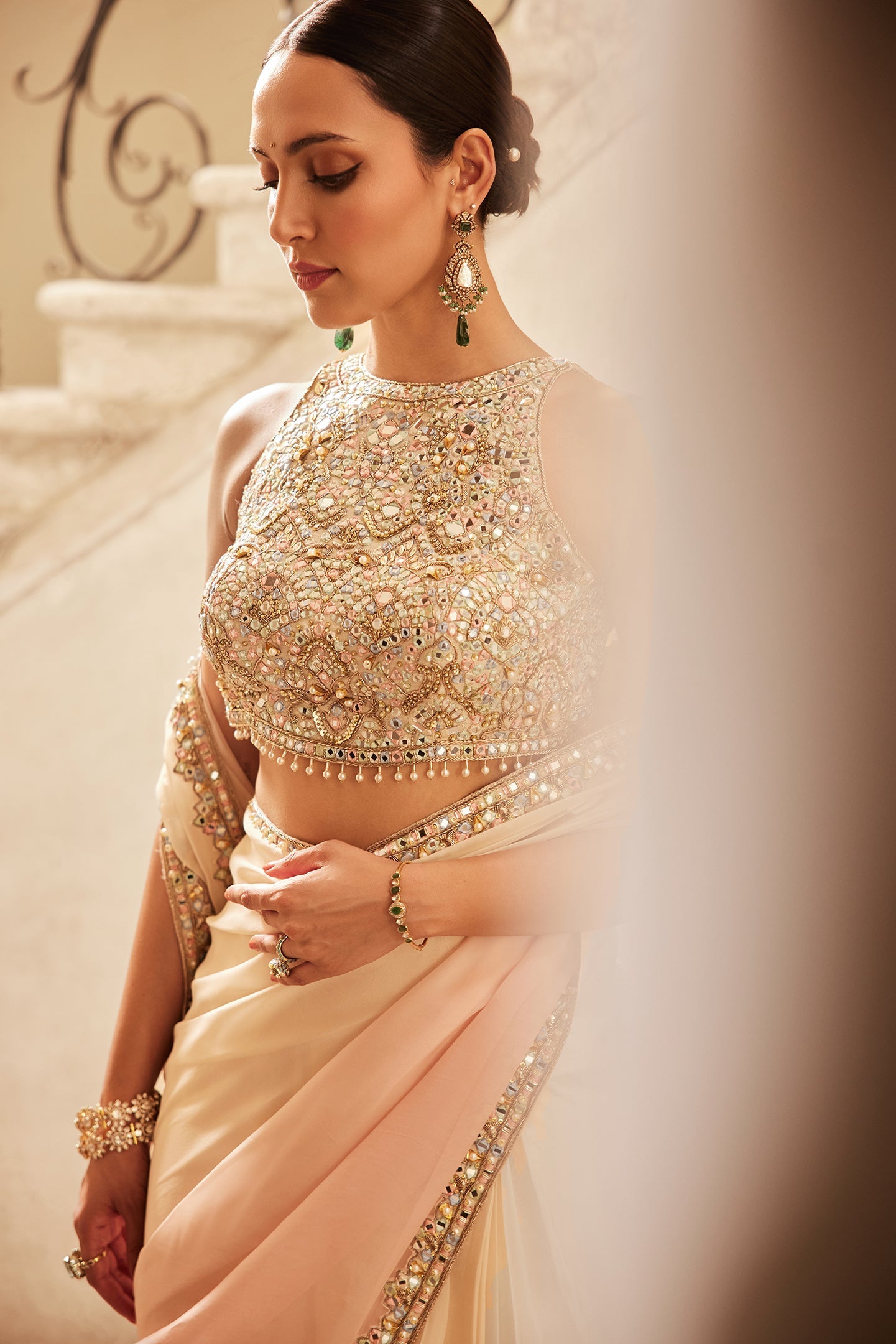 Pre-Drape Pink Ivory Ombre Organza Saree Set