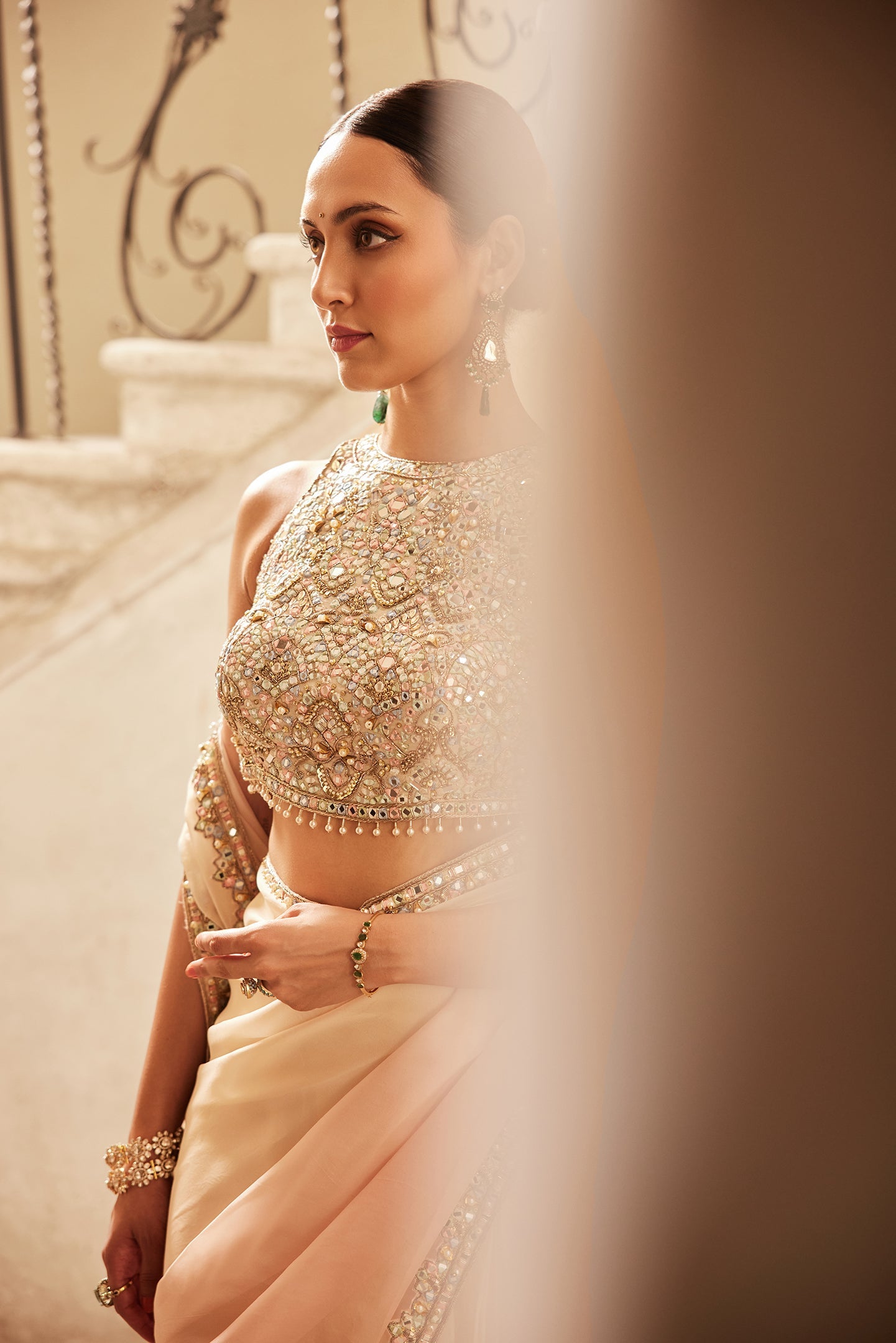 Pre-Drape Pink Ivory Ombre Organza Saree Set