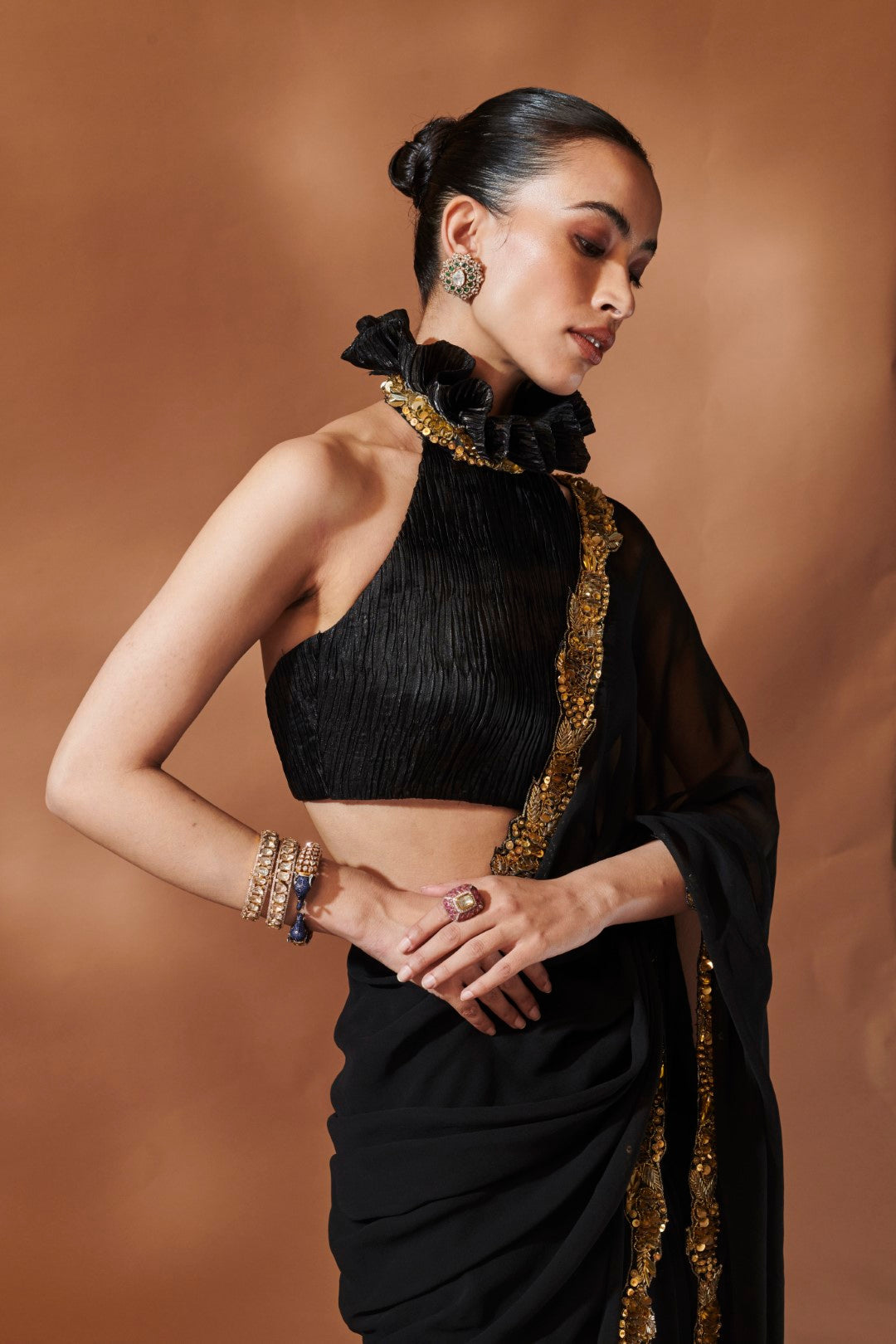 Pre-Drape Black And Gold Saree