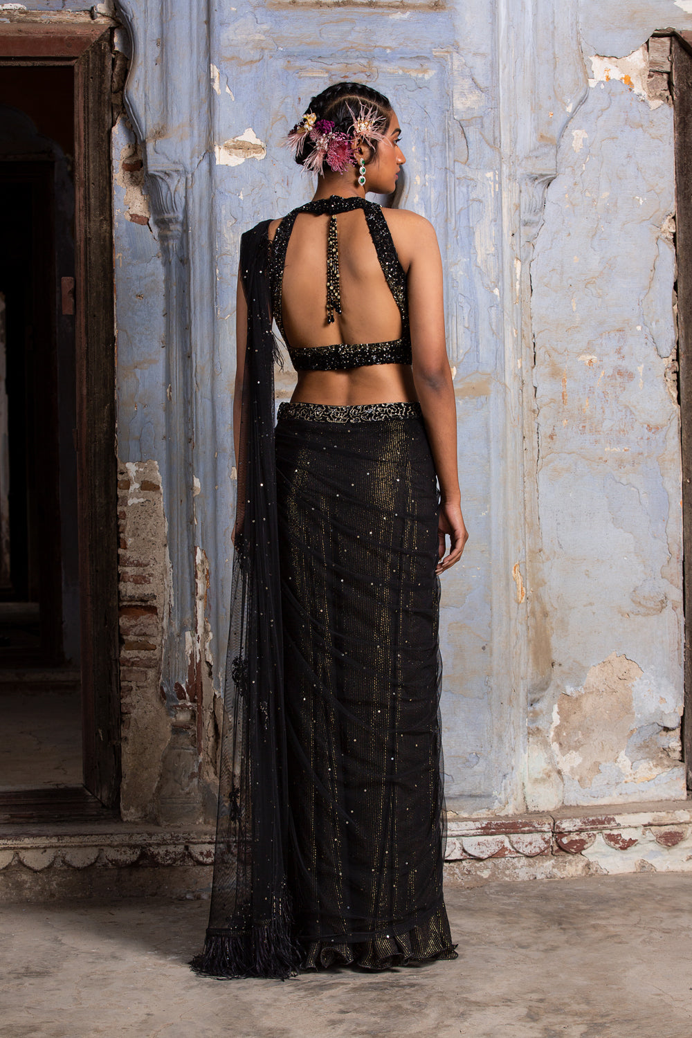 Black And Gold Drape Saree