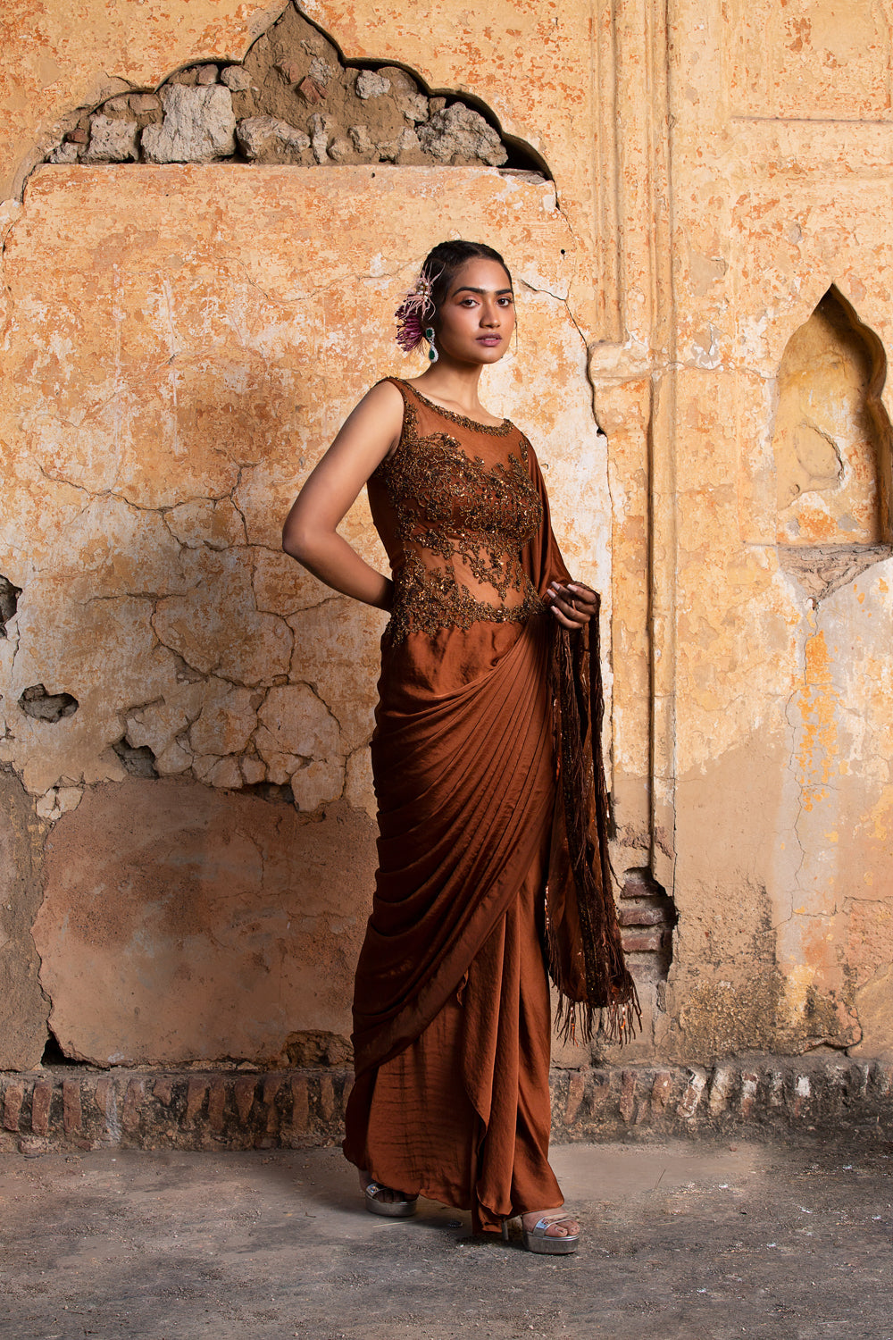 Dark Copper Drape Saree