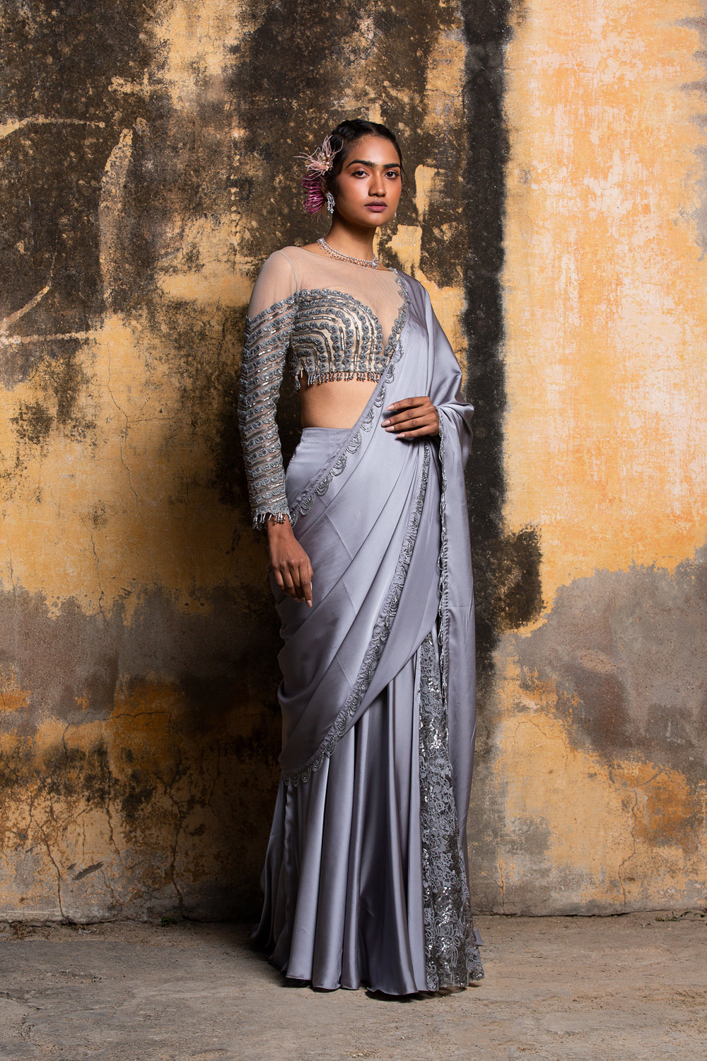 Grey Nude Drape Saree