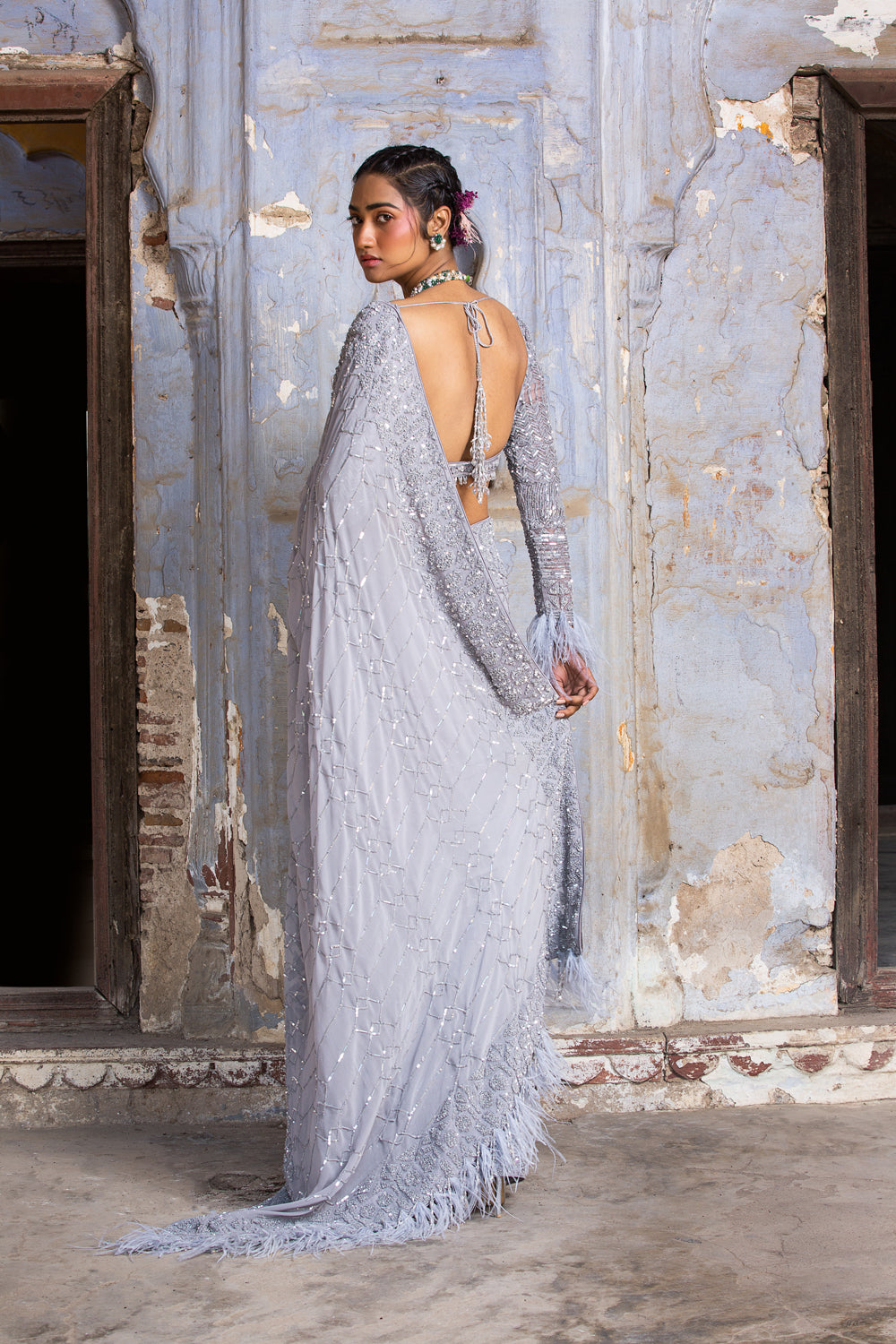 Grey Sequins Georgette Saree