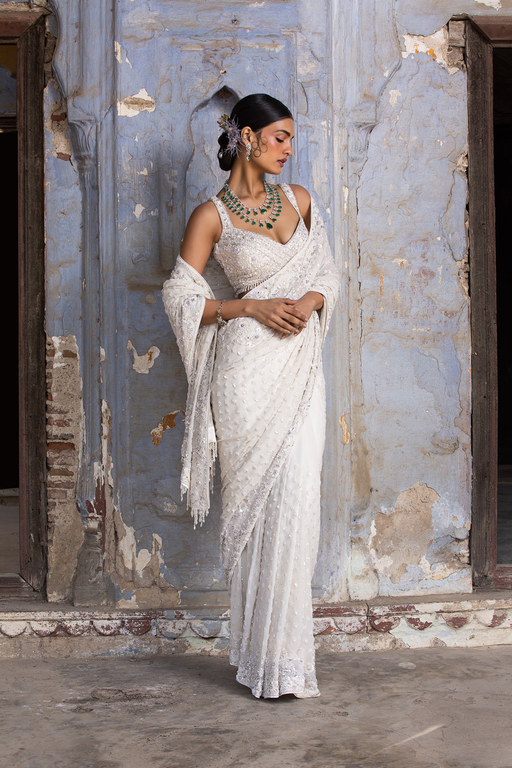 Ivory Georgette Saree