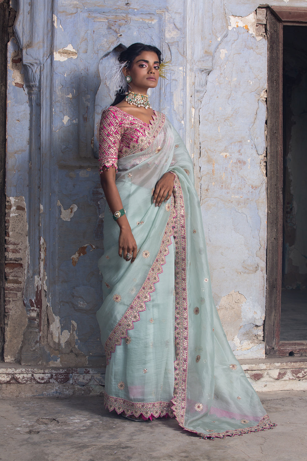 Fuchsia Sea Green Organza Saree