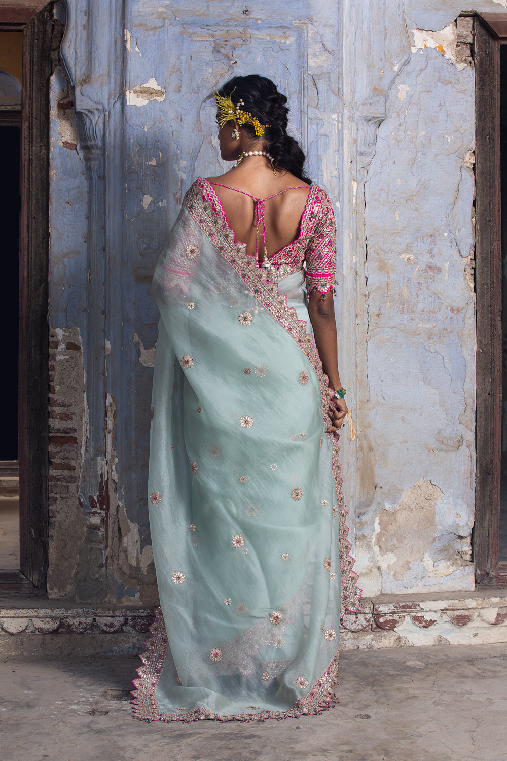 Fuchsia Sea Green Organza Saree