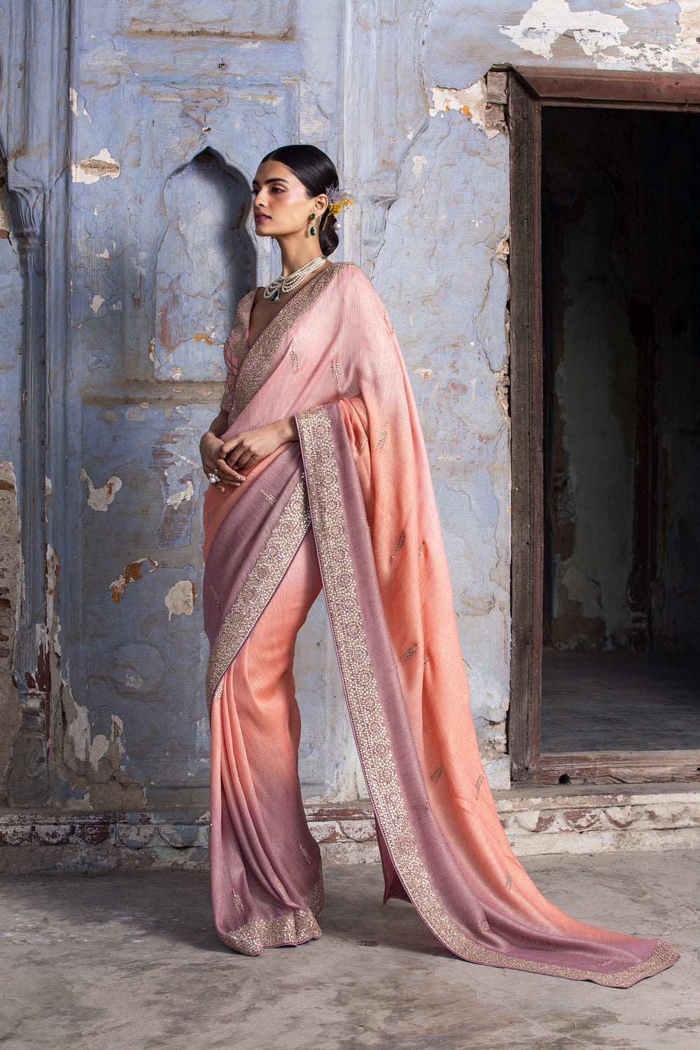 Peach To Mauve Ombre Saree