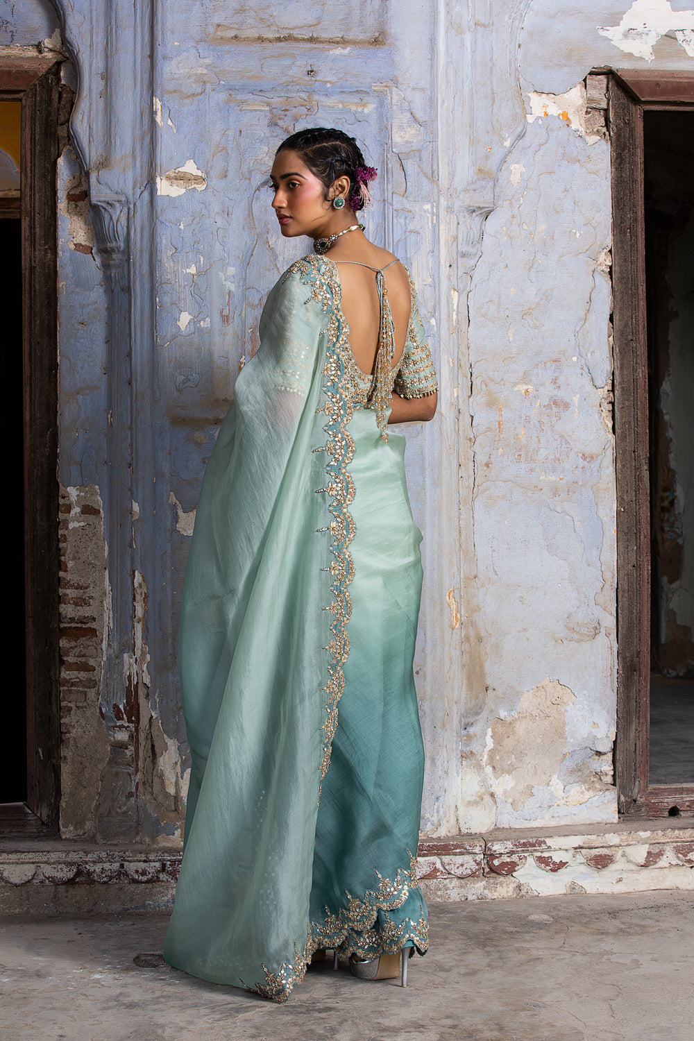 Jade Green Ombre Organza Saree