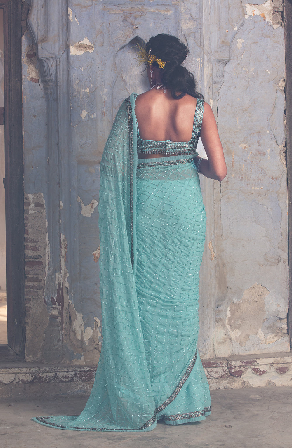 Aqua Blue Chiffon Saree