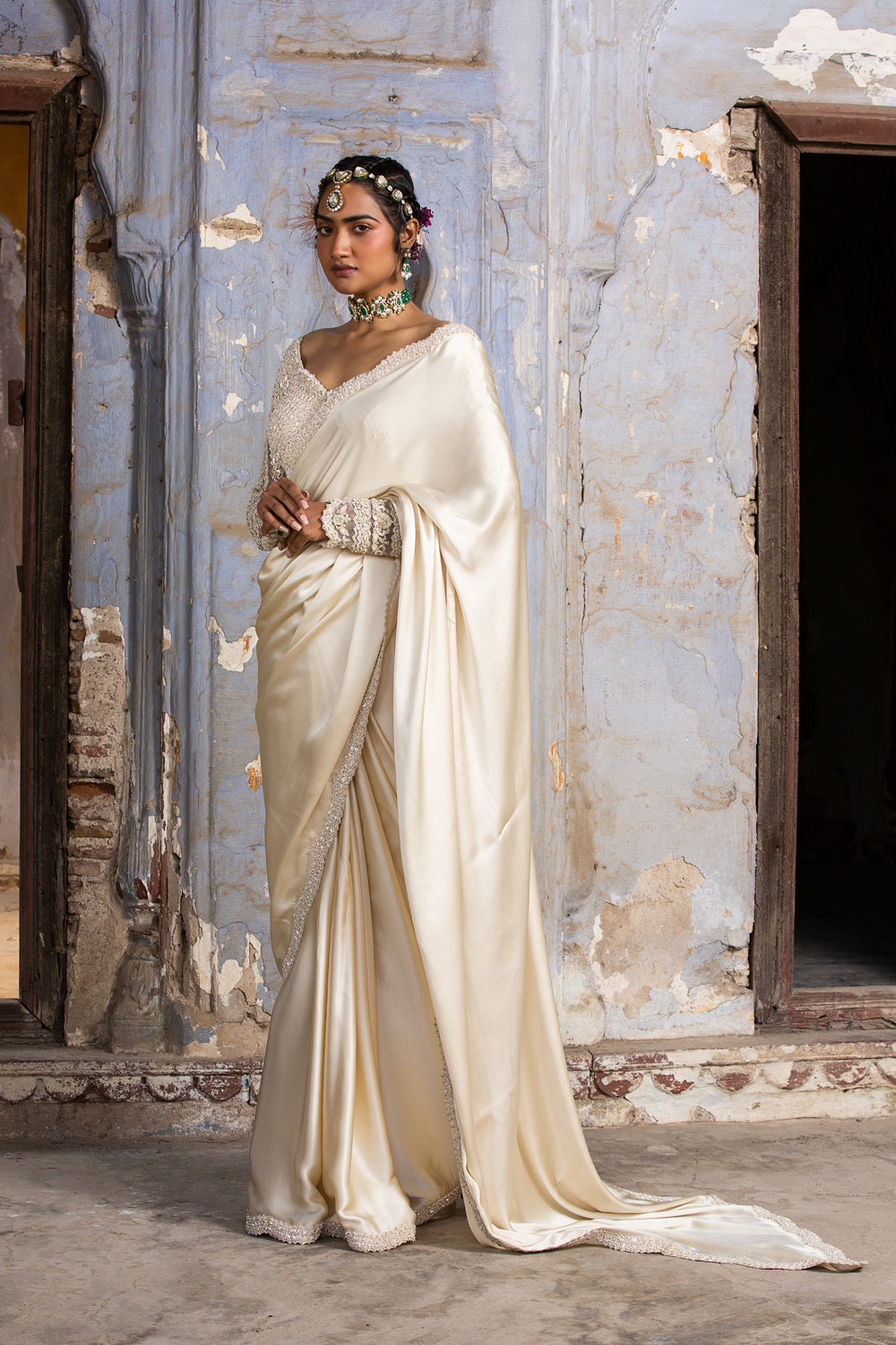 Cream Satin Saree