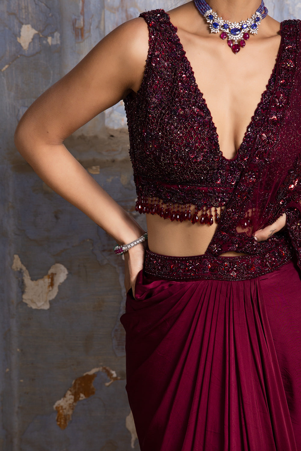 Burgundy Satin Drape Saree