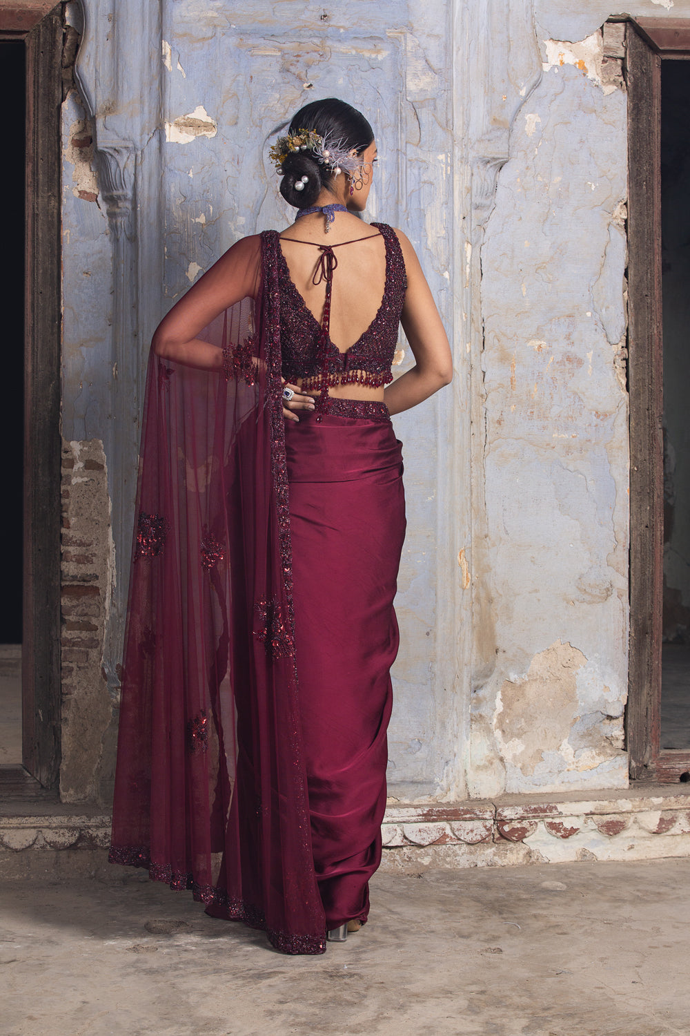 Burgundy Satin Drape Saree