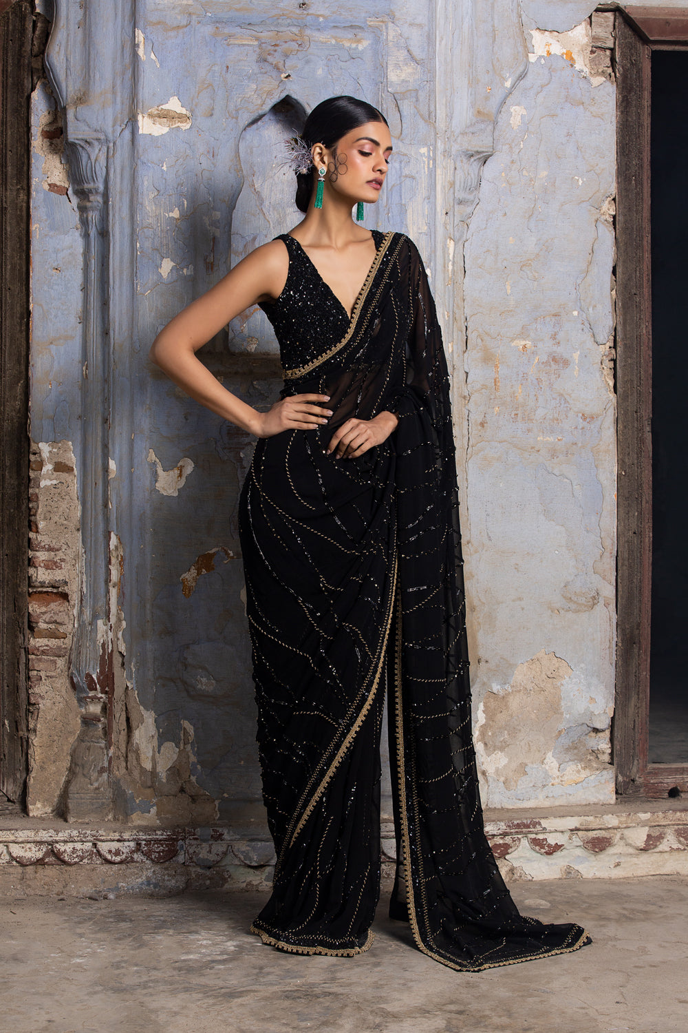 Black Gold Georgette Saree